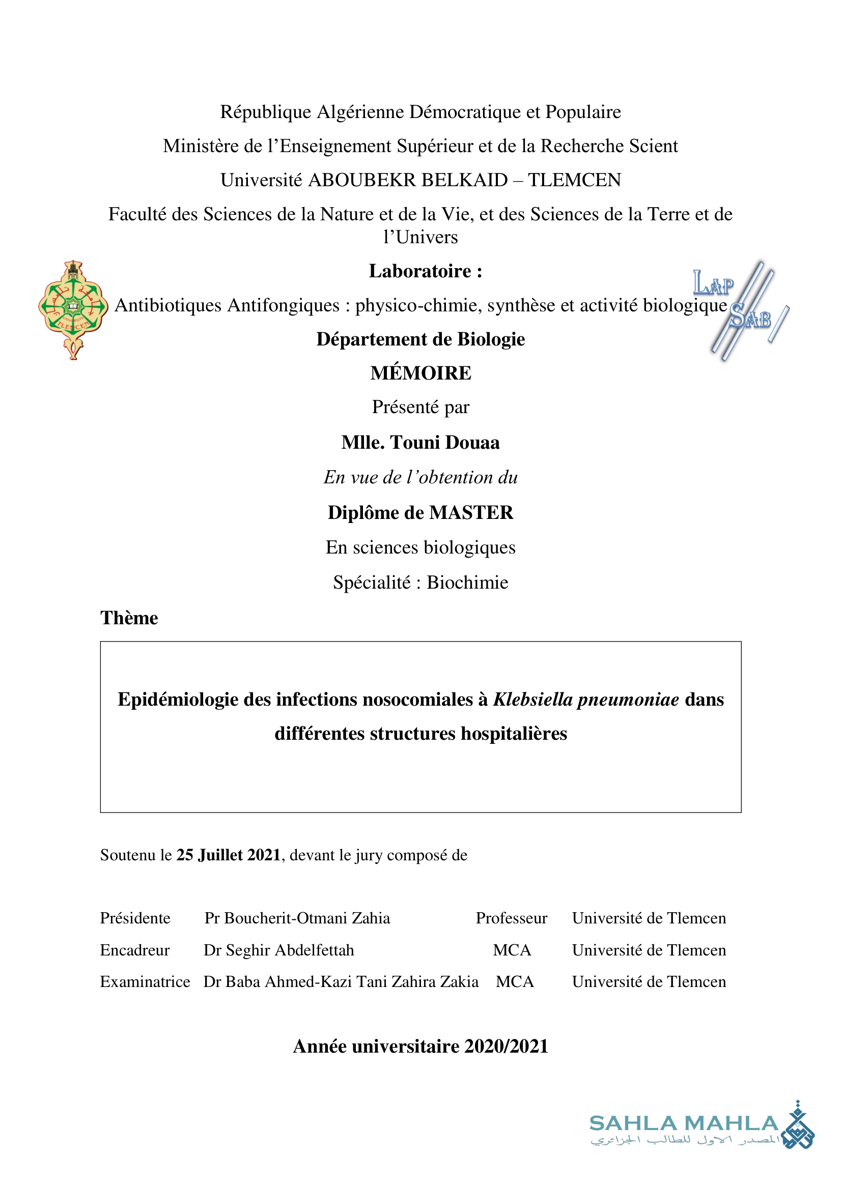 Epidémiologie des infections nosocomiales à Klebsiella pneumoniae dans différentes structures hospitalières