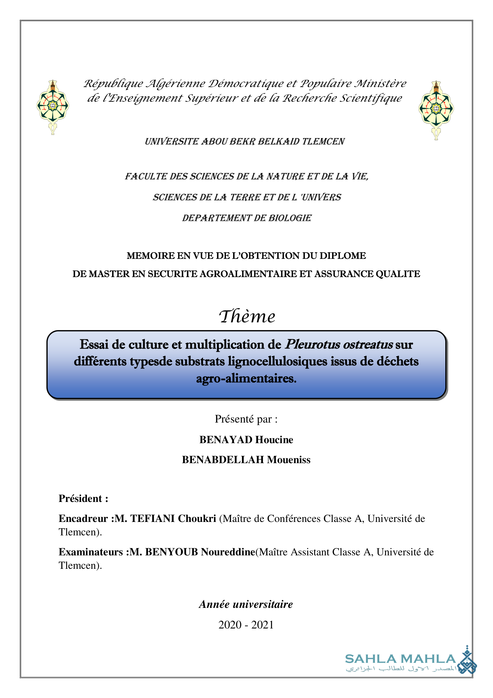 Essai de culture et multiplication de Pleurotus ostreatus sur différents typesde substrats lignocellulosiques issus de déchets agro-alimentaires.