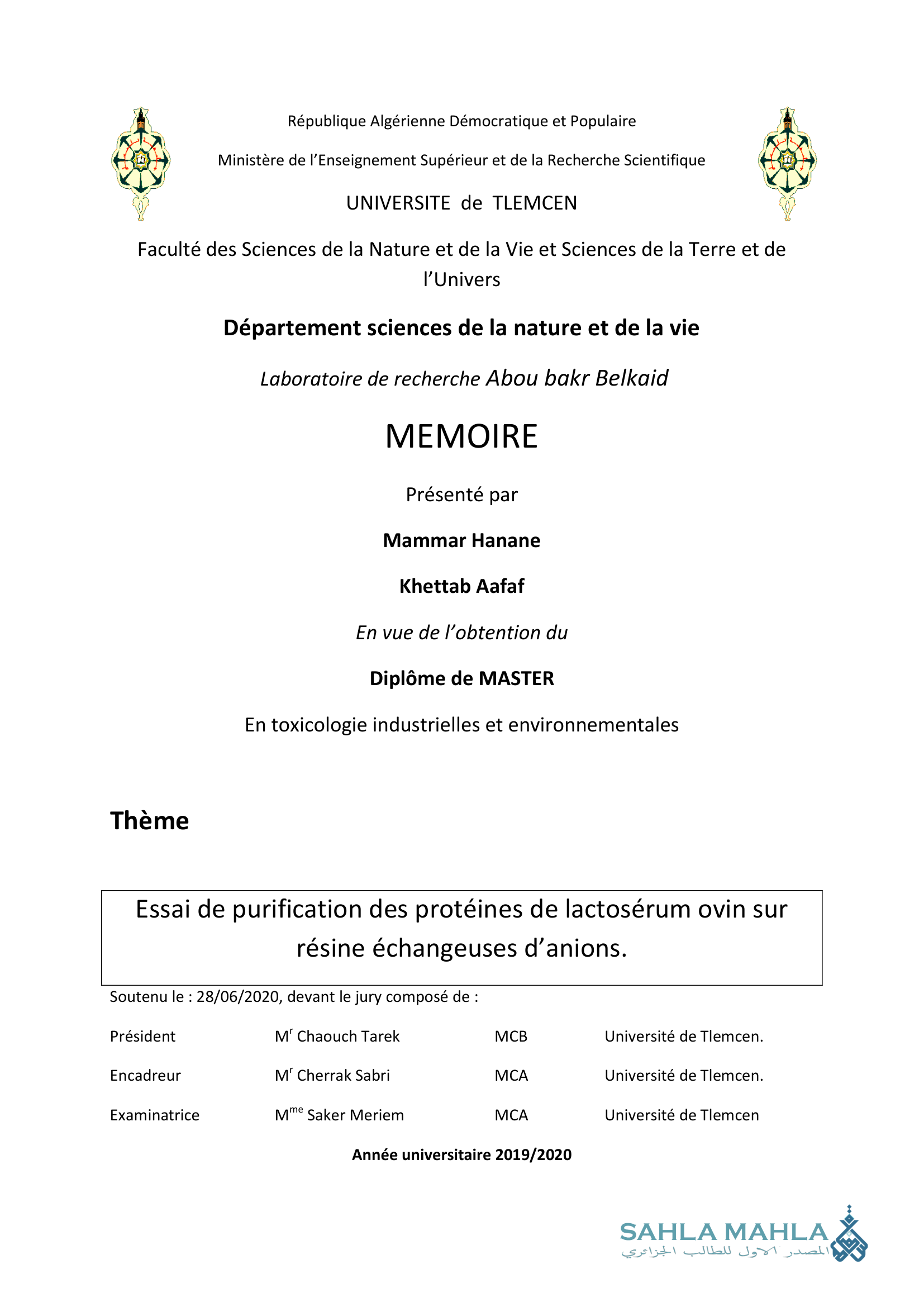 Essai de purification des protéines de lactosérum ovin sur résine échangeuses d'anions.