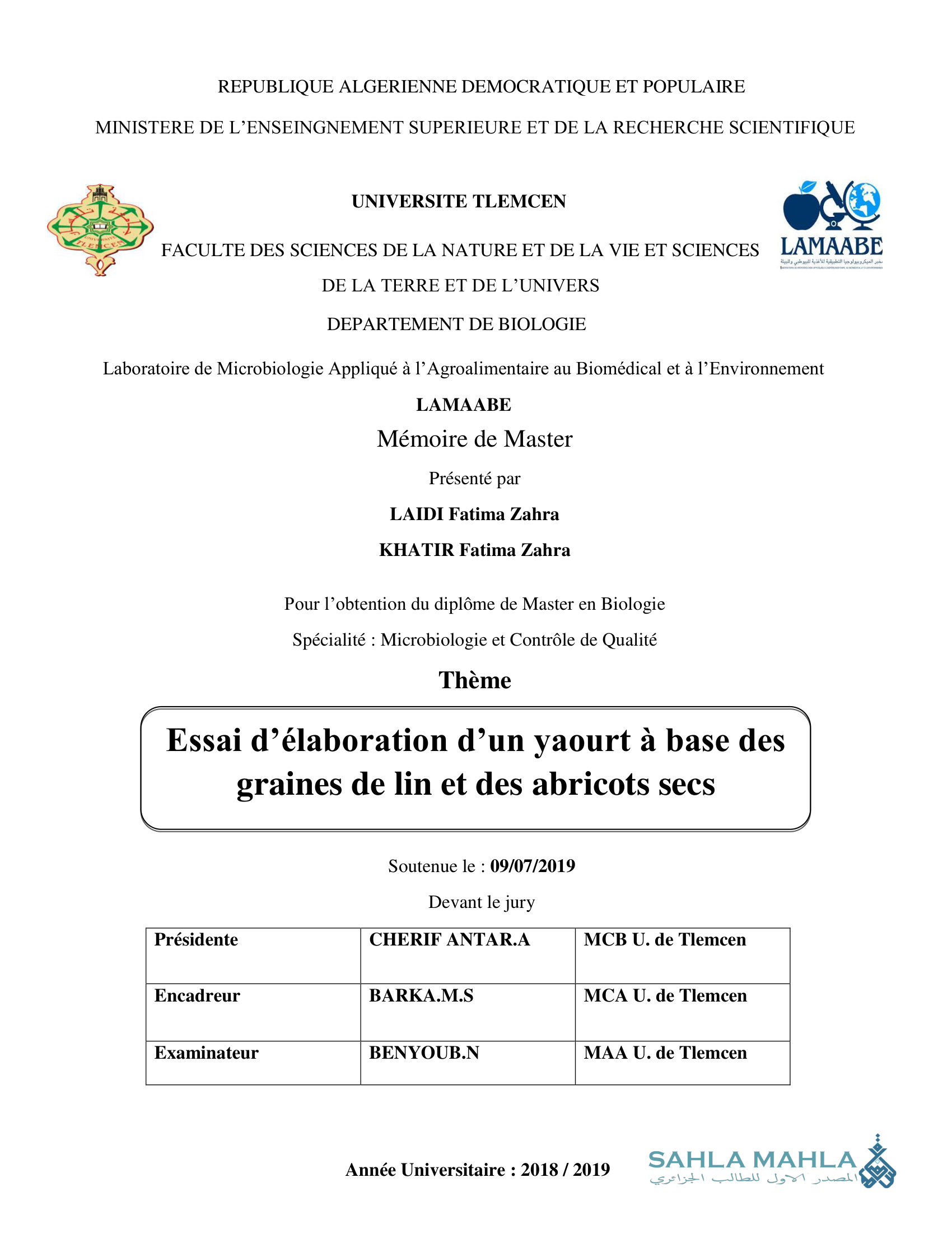 Essai d'élaboration d'un yaourt à base des graines de lin et des abricots secs