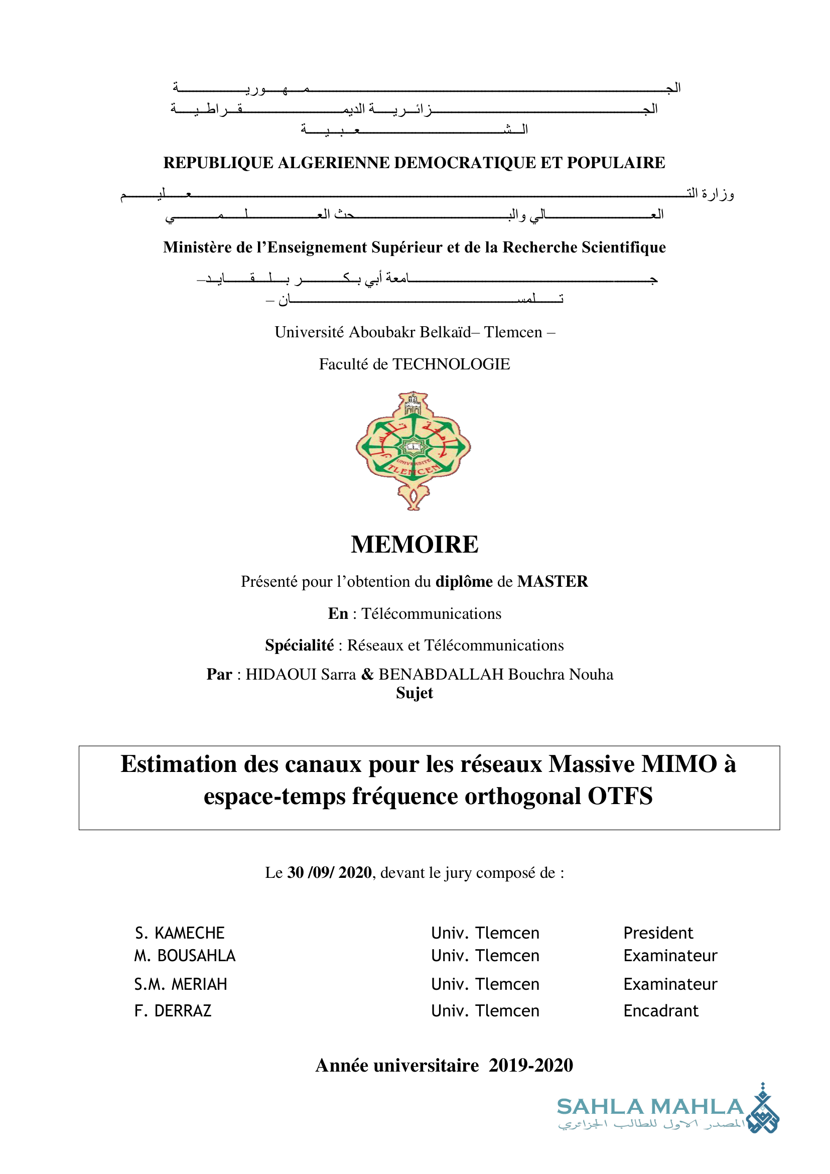 Estimation des canaux pour les réseaux Massive MIMO à espace-temps fréquence orthogonal OTFS