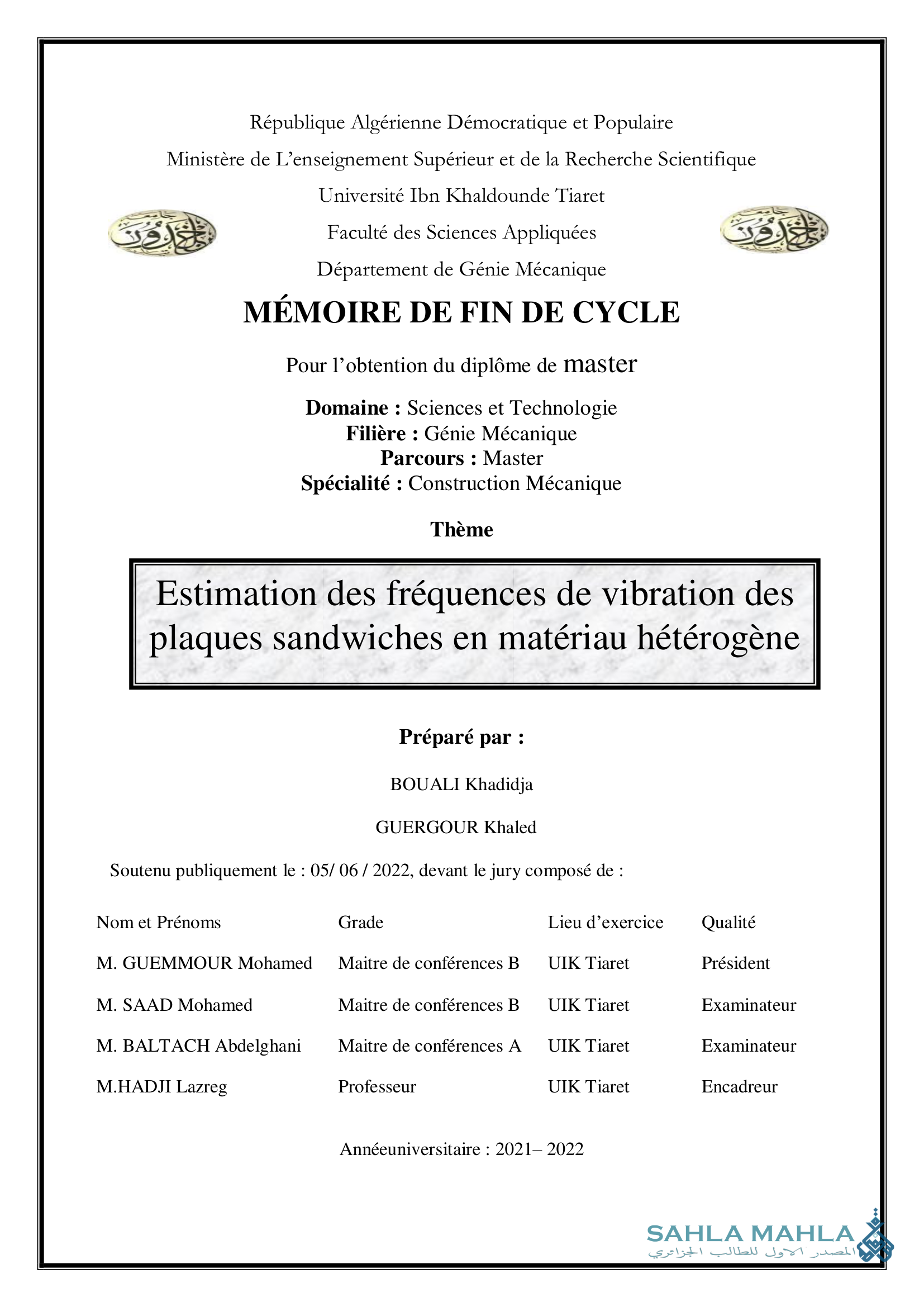 Estimation des fréquences de vibration des plaques sandwiches en matériau hétérogène