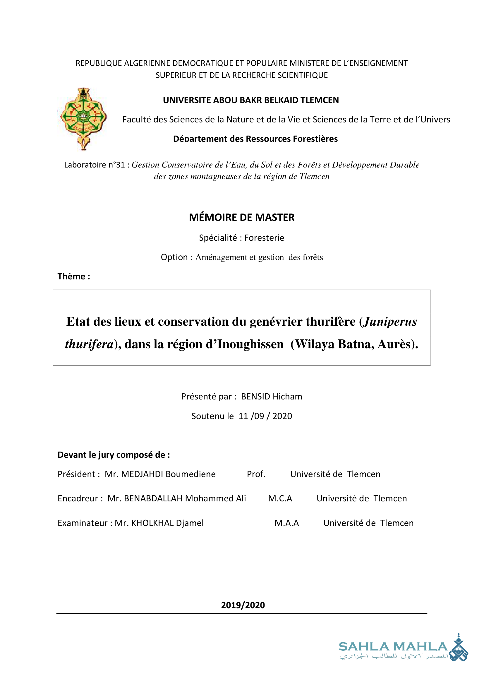 Etat des lieux et conservation du genévrier thurifère (Juniperus thurifera), dans la région d'Inoughissen (Wilaya Batna, Aurès).