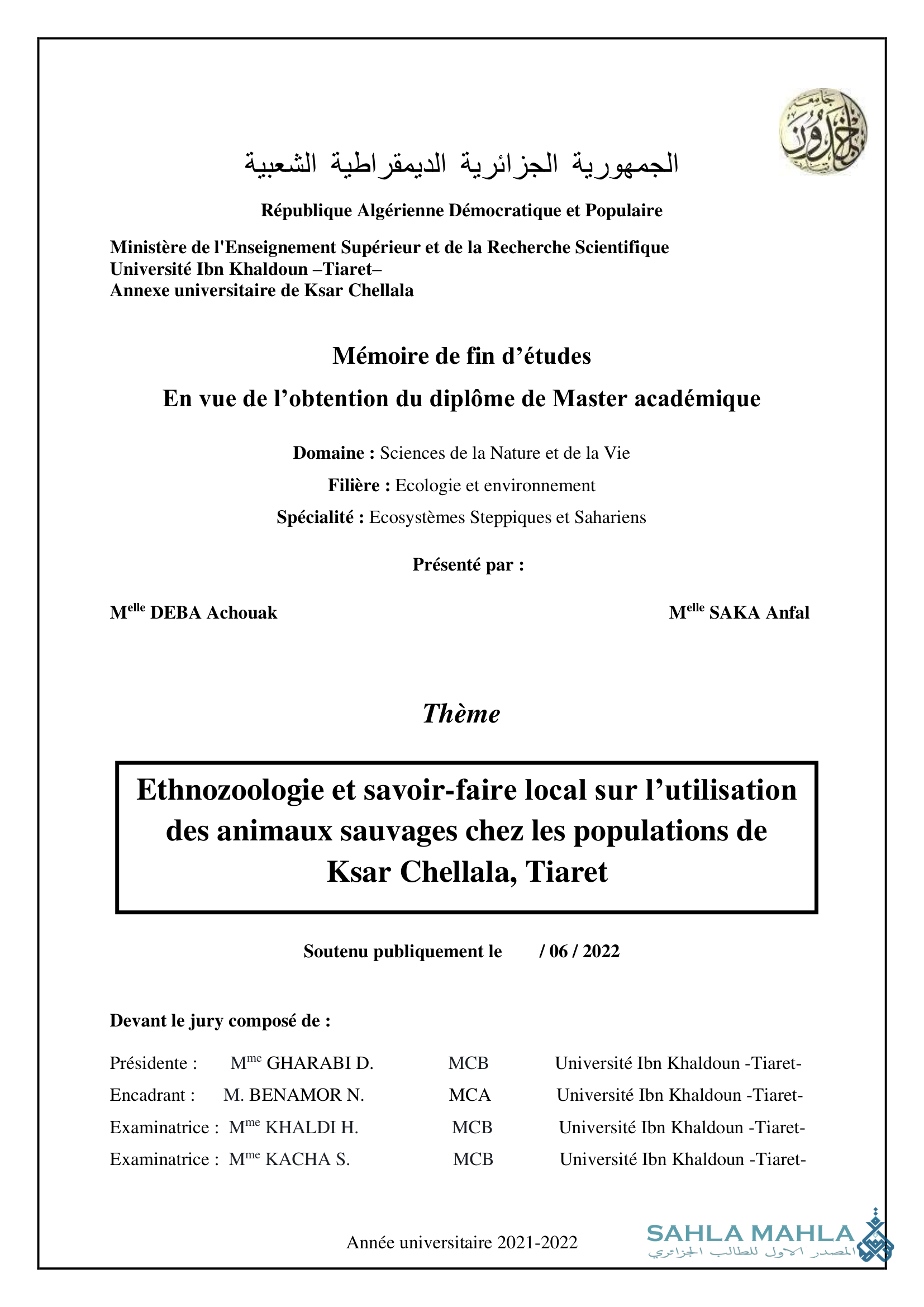 Ethnozoologie et savoir-faire local sur l'utilisation des animaux sauvages chez les populations de Ksar Chellala, Tiaret