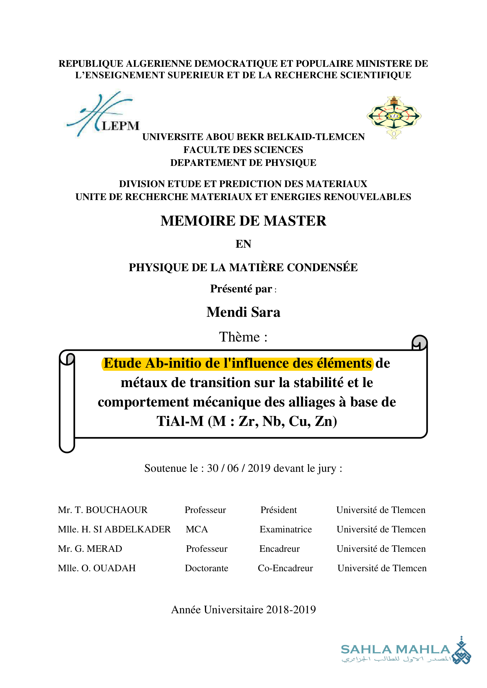 Etude Ab-initio de l'influence des éléments de métaux de transition sur la stabilité et le comportement mécanique des alliages à base de TiAl-M (M: Zr, Nb, Cu, Zn)
