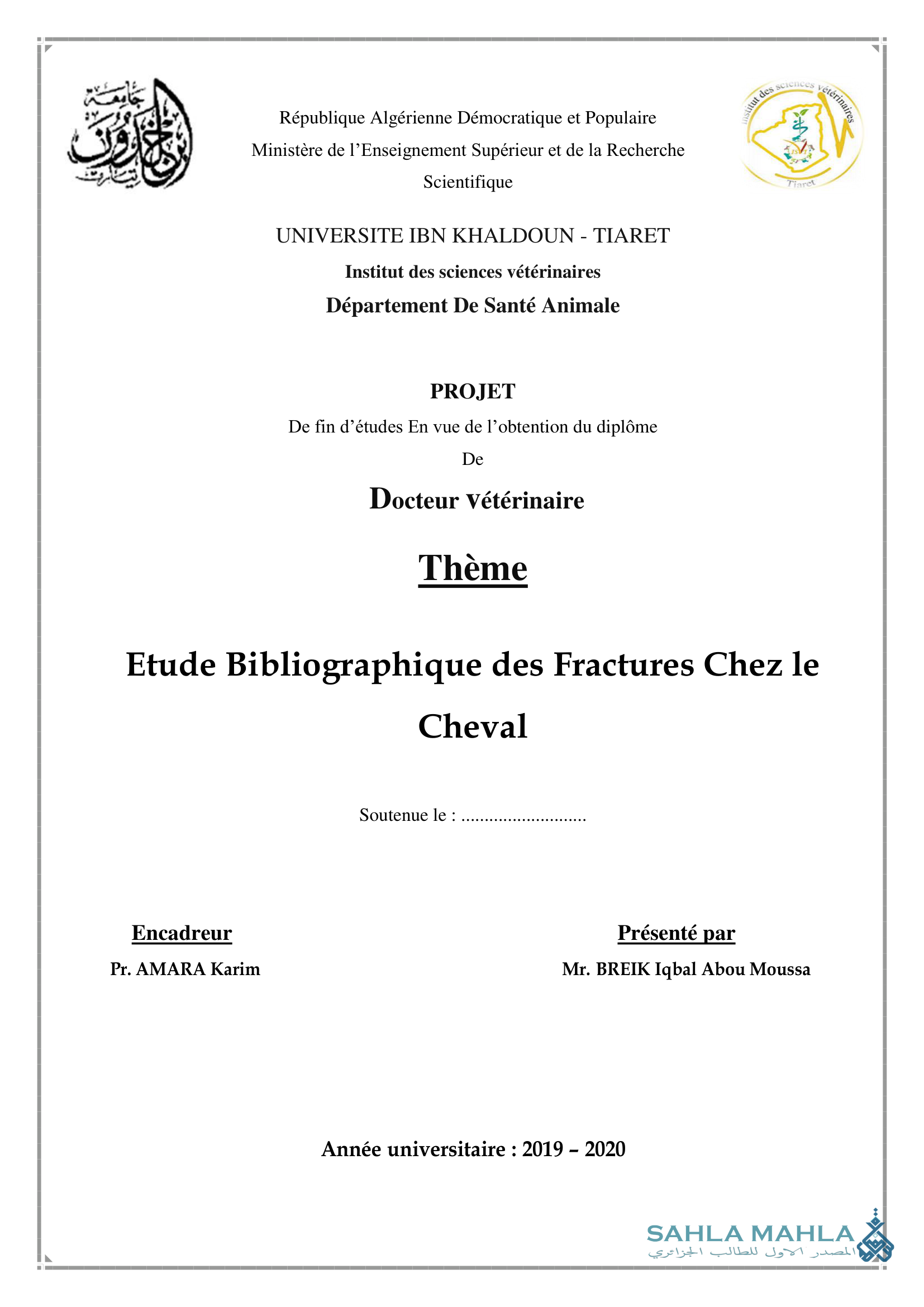 Etude Bibliographique des Fractures Chez le Cheval
