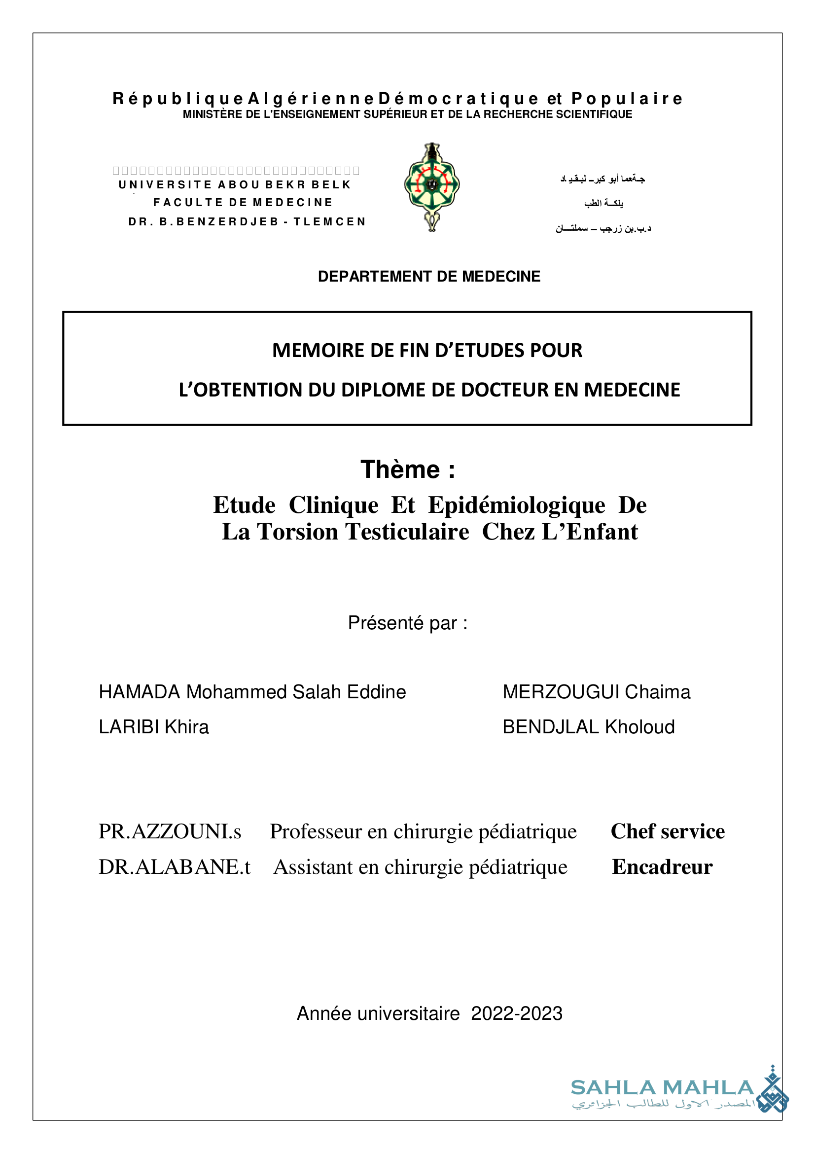 Etude Clinique Et Epidémiologique De La Torsion Testiculaire Chez L'Enfant
