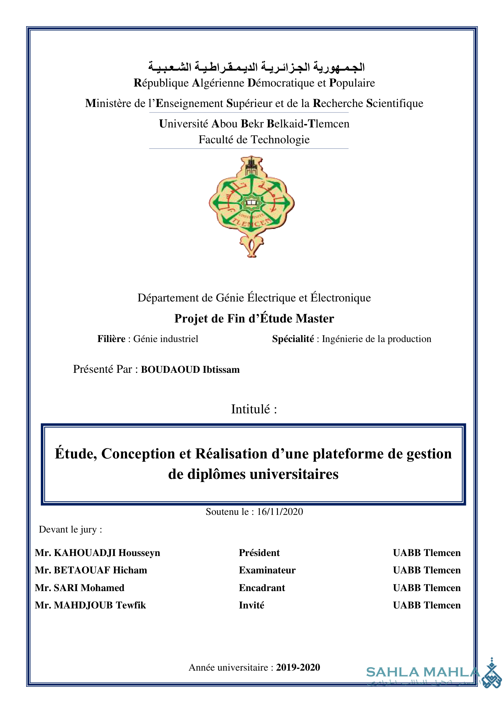 Étude, Conception et Réalisation d'une plateforme de gestion de diplômes universitaires