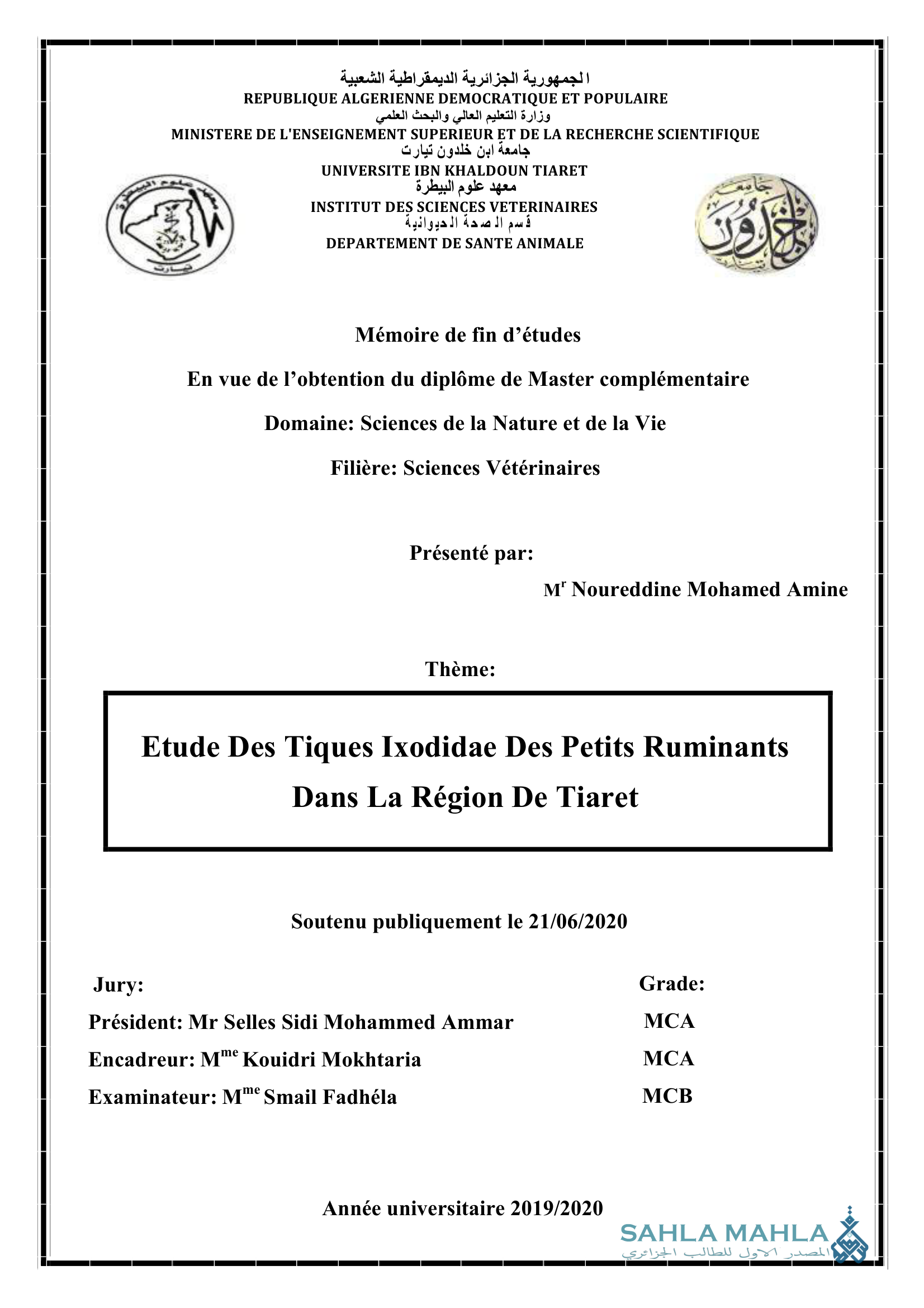 Etude Des Tiques Ixodidae Des Petits Ruminants Dans La Région De Tiaret