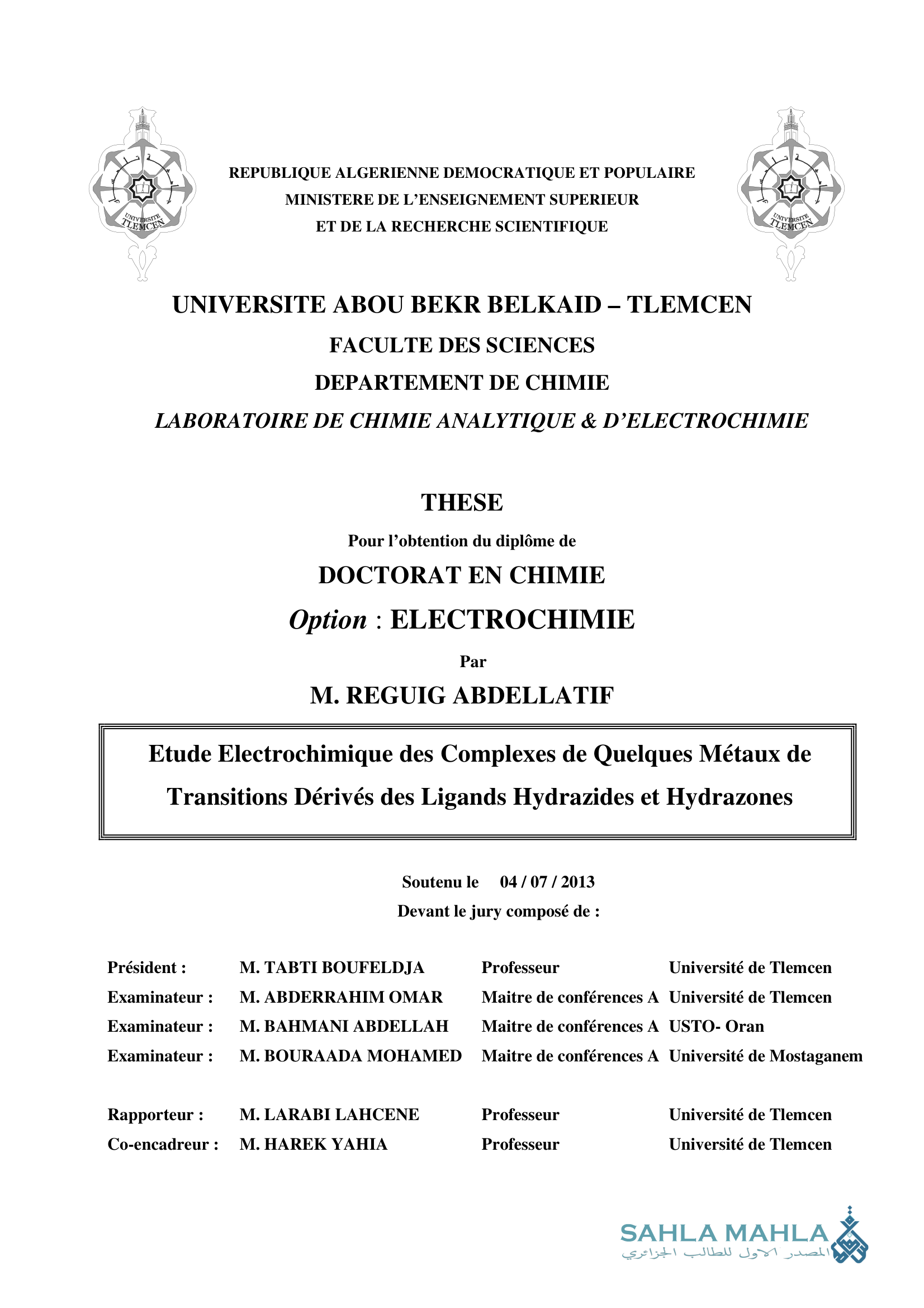 Etude Electrochimique des Complexes de Quelques Métaux de Transitions Dérivés des Ligands Hydrazides et Hydrazones
