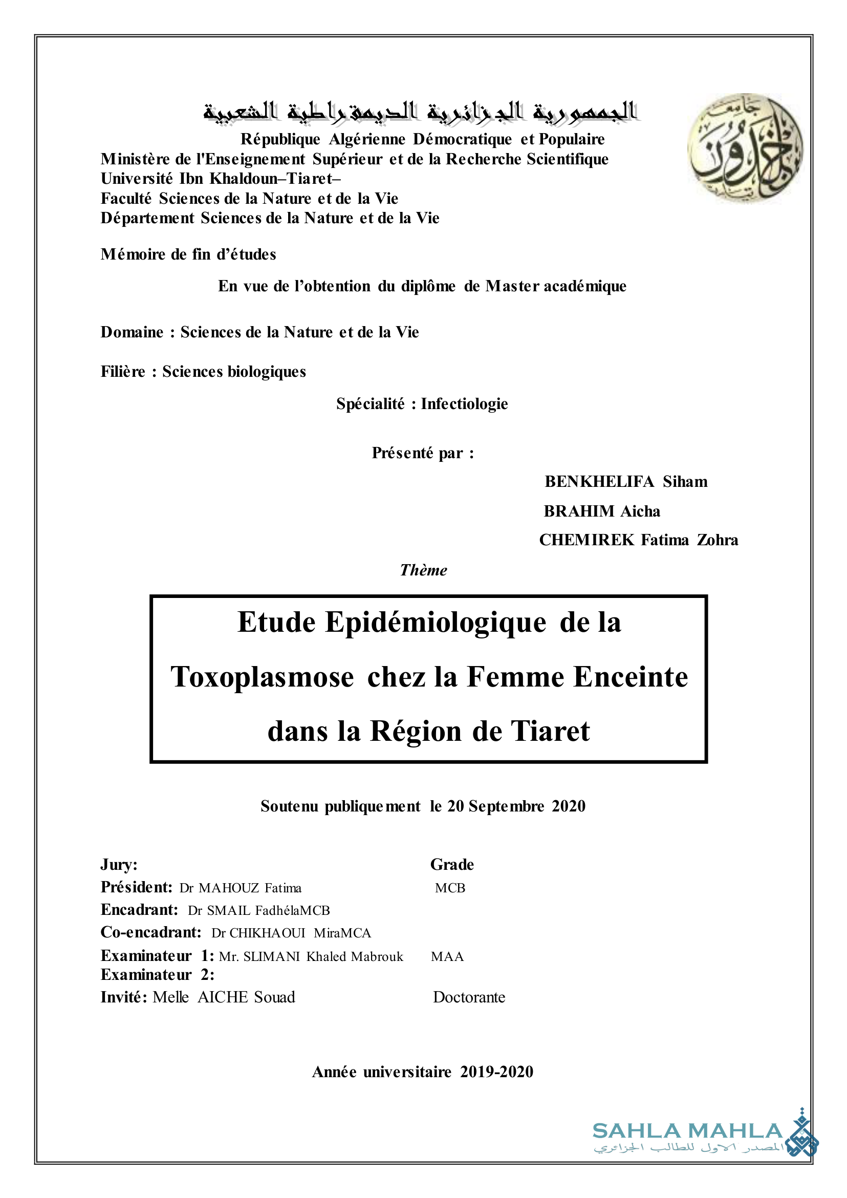 Etude Epidémiologique de la Toxoplasmose chez la Femme Enceinte dans la Région de Tiaret