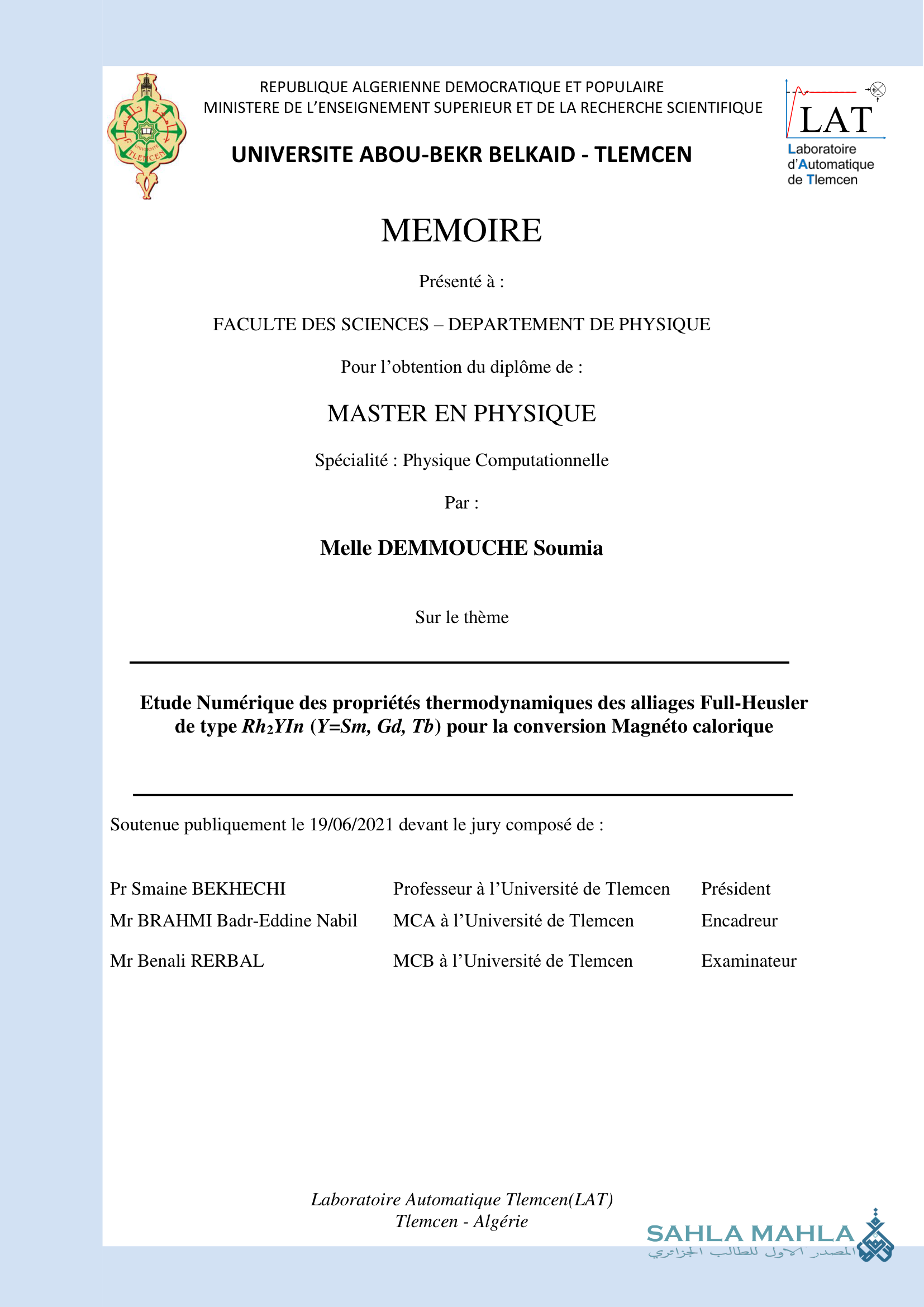 Etude Numérique des propriétés thermodynamiques des alliages Full-Heusler de type Rh2YIn (Y=Sm, Gd, Tb) pour la conversion Magnéto calorique