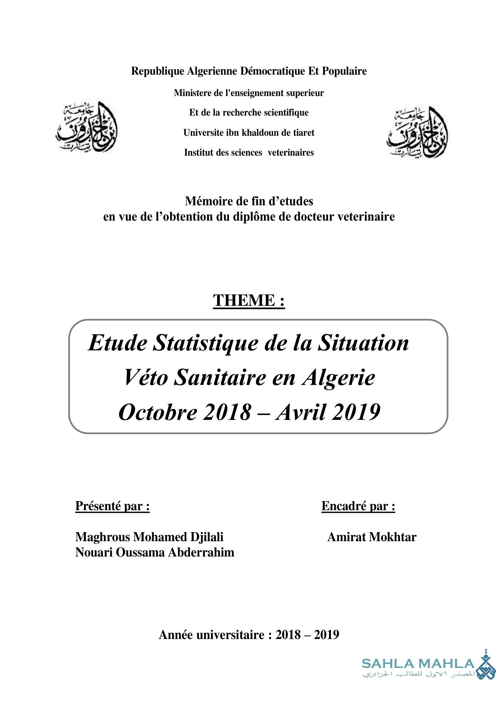 Etude Statistique de la Situation Véto Sanitaire en Algerie