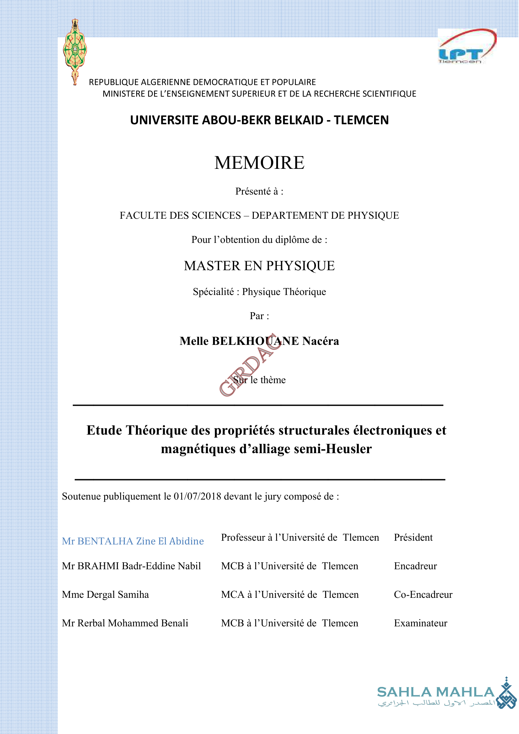 Etude Théorique des propriétés structurales électroniques et magnétiques d'alliage semi-Heusler