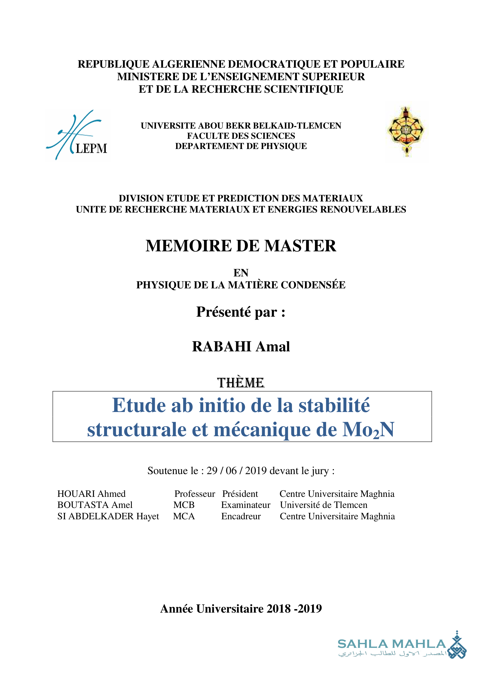 Etude ab initio de la stabilité structurale et mécanique de Mo2N