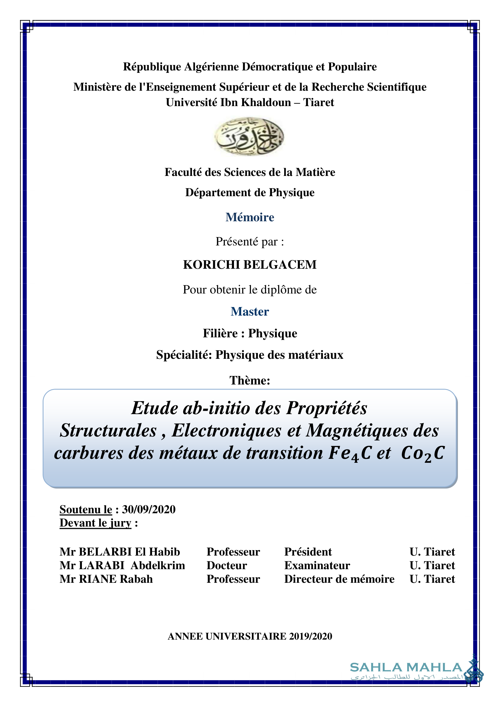 Etude ab-initio des Propriétés Structurales, Electroniques et Magnétiques des carbures des métaux de transition Fe4C et Co2C