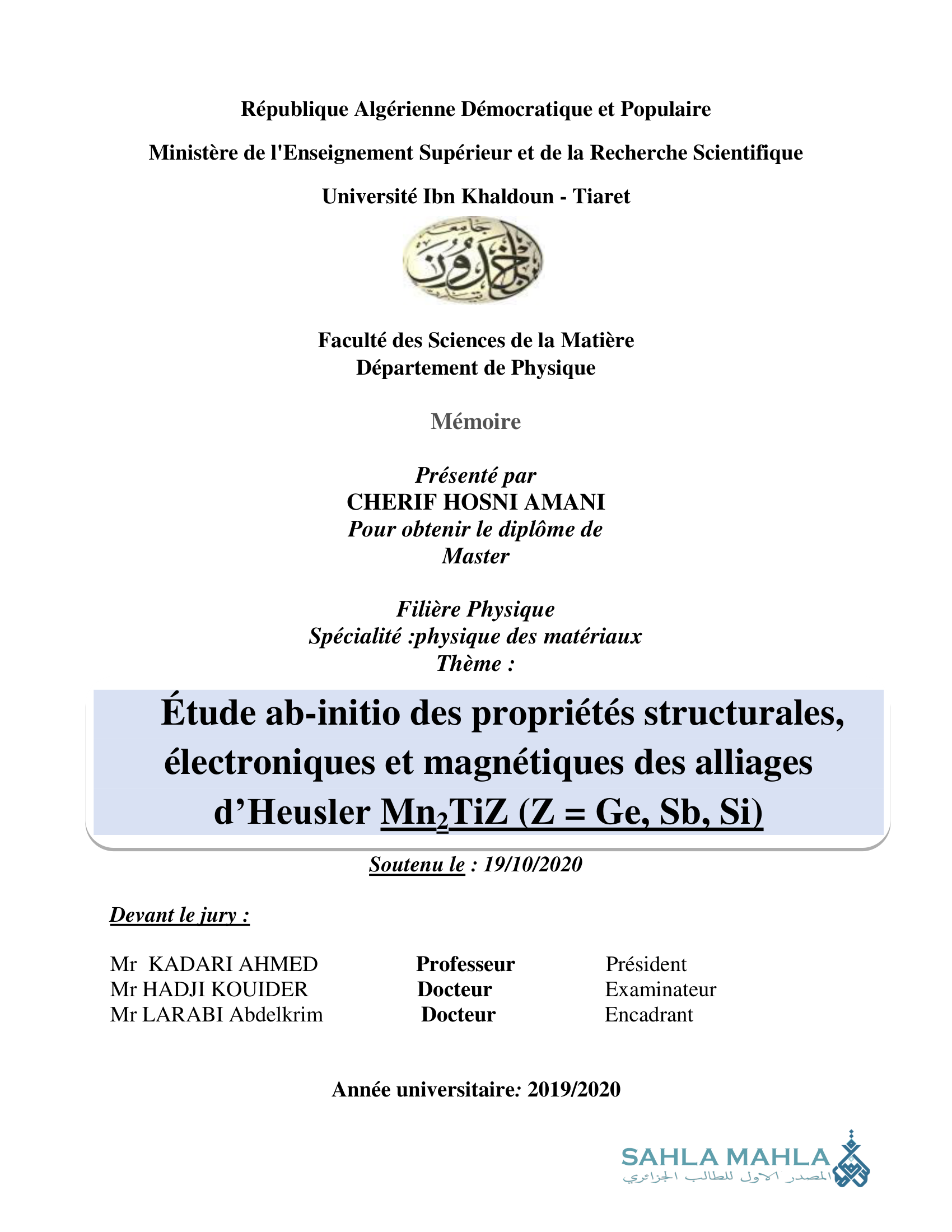 Étude ab-initio des propriétés structurales, électroniques et magnétiques des alliages d'Heusler Mn,TiZ (Z = Ge, Sb, Si)