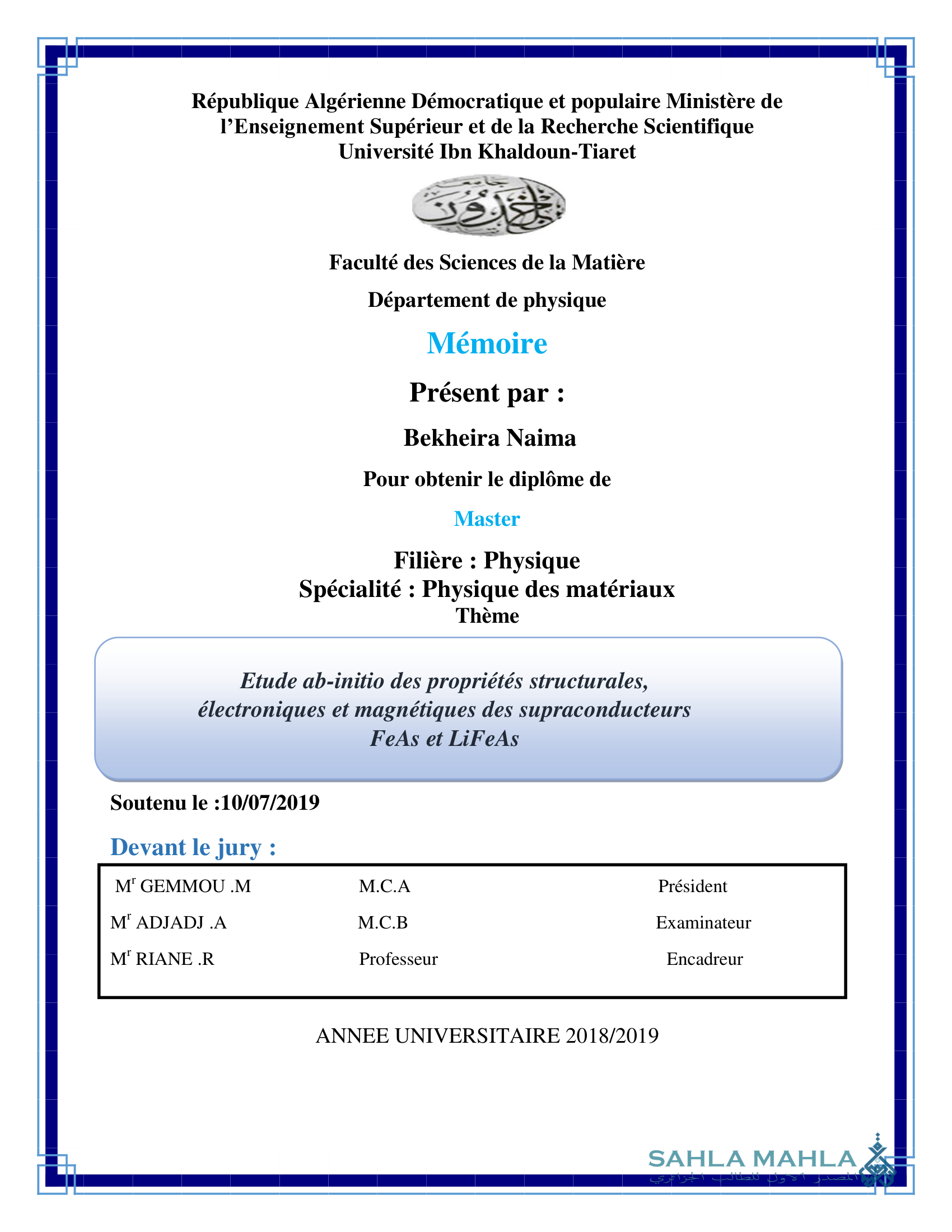 Etude ab-initio des propriétés structurales, électroniques et magnétiques des supraconducteurs FeAs et LiFeAs