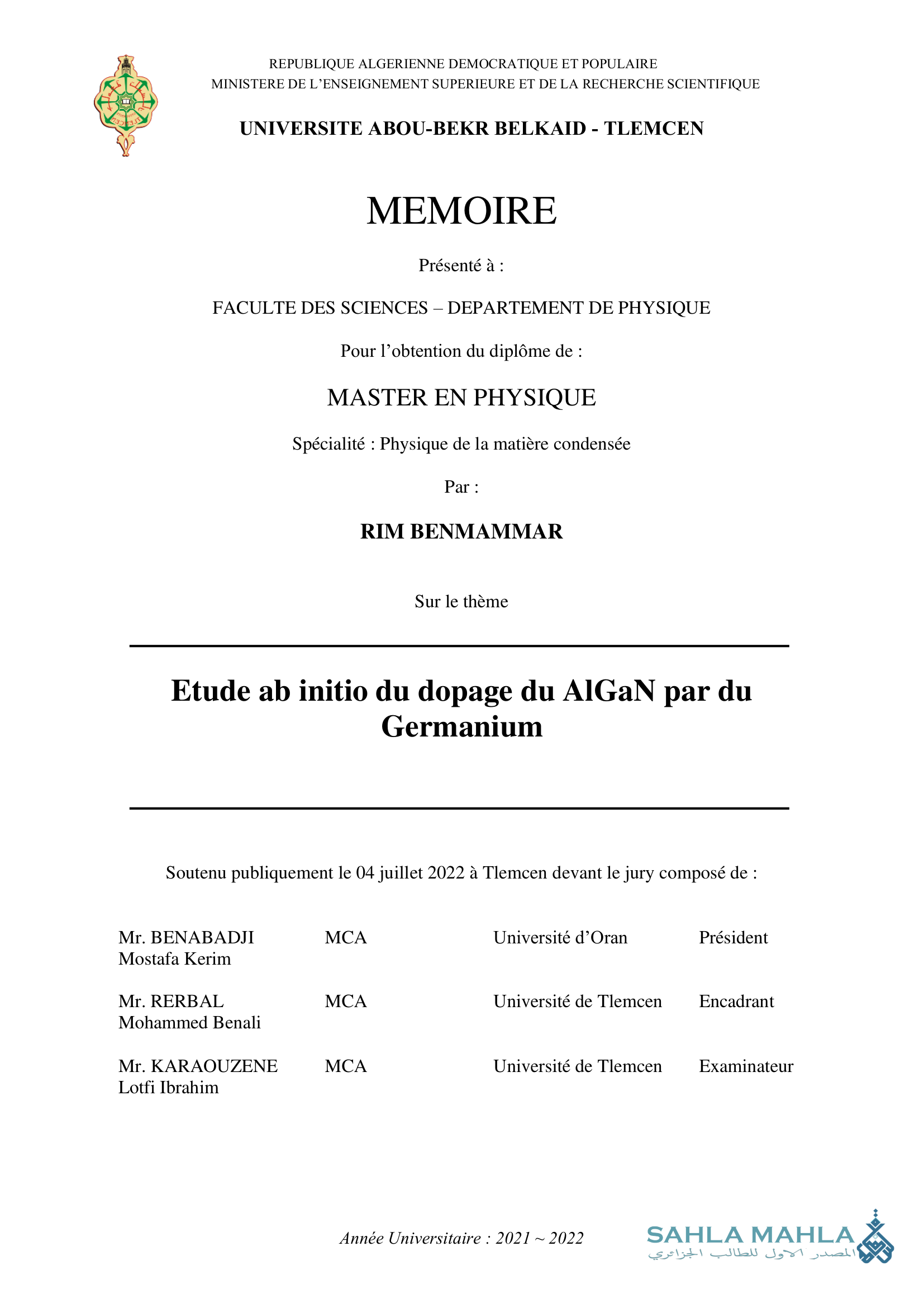 Etude ab initio du dopage du AlGaN par du Germanium