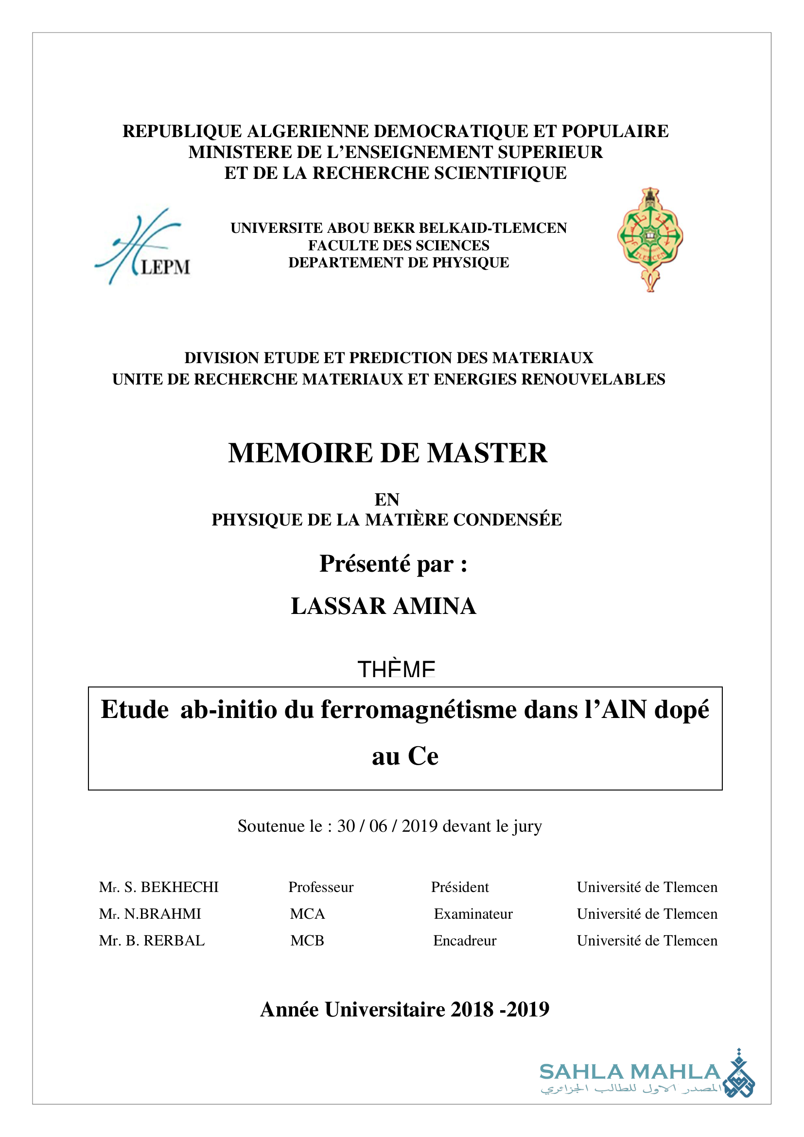 Etude ab-initio du ferromagnétisme dans l'AIN dopé au Ce