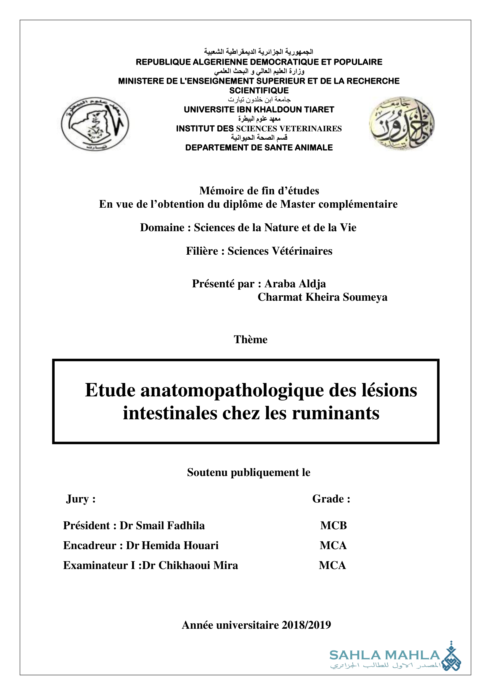 Etude anatomopathologique des lésions intestinales chez les ruminants