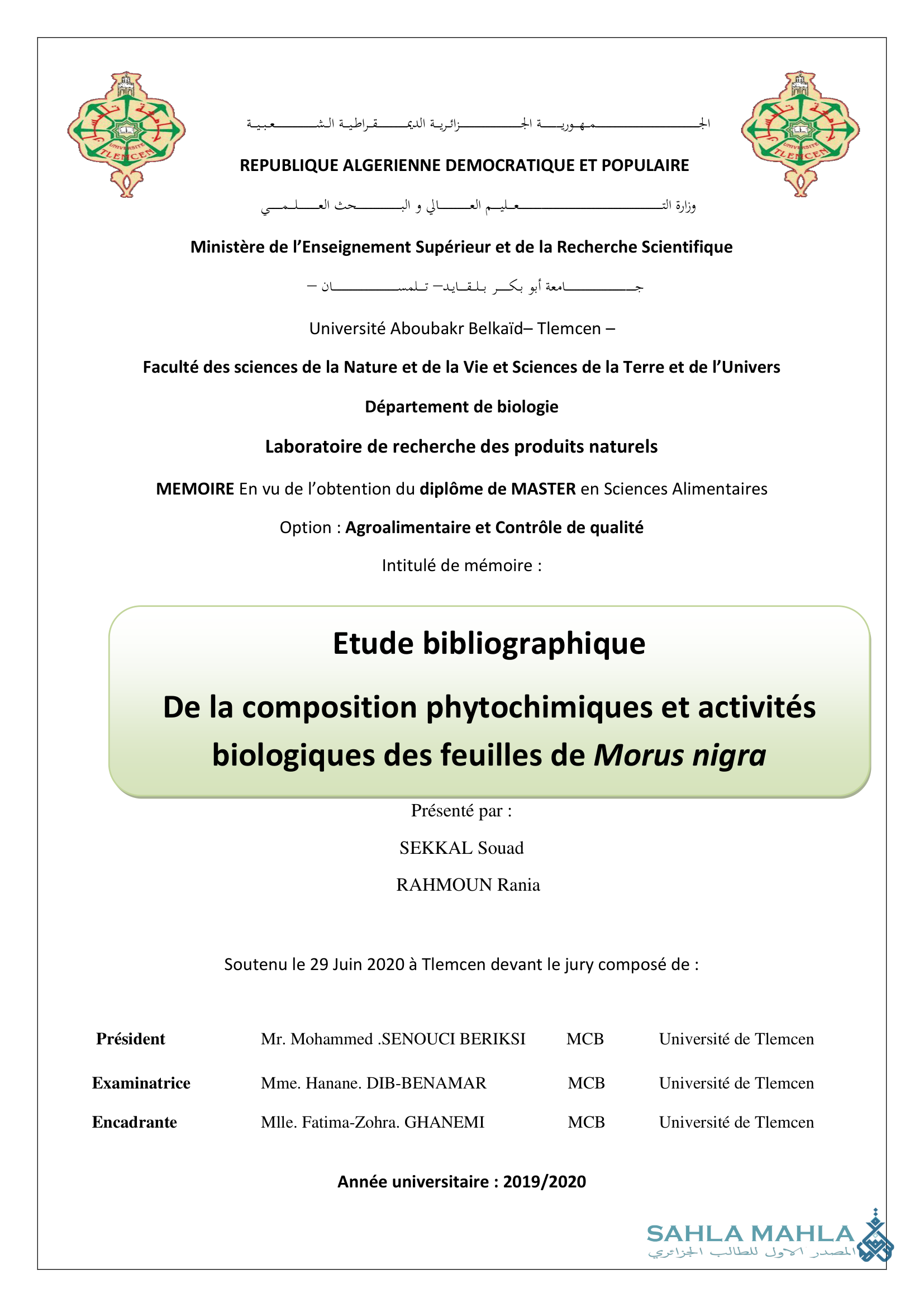 Etude bibliographique De la composition phytochimiques et activités biologiques des feuilles de Morus nigra