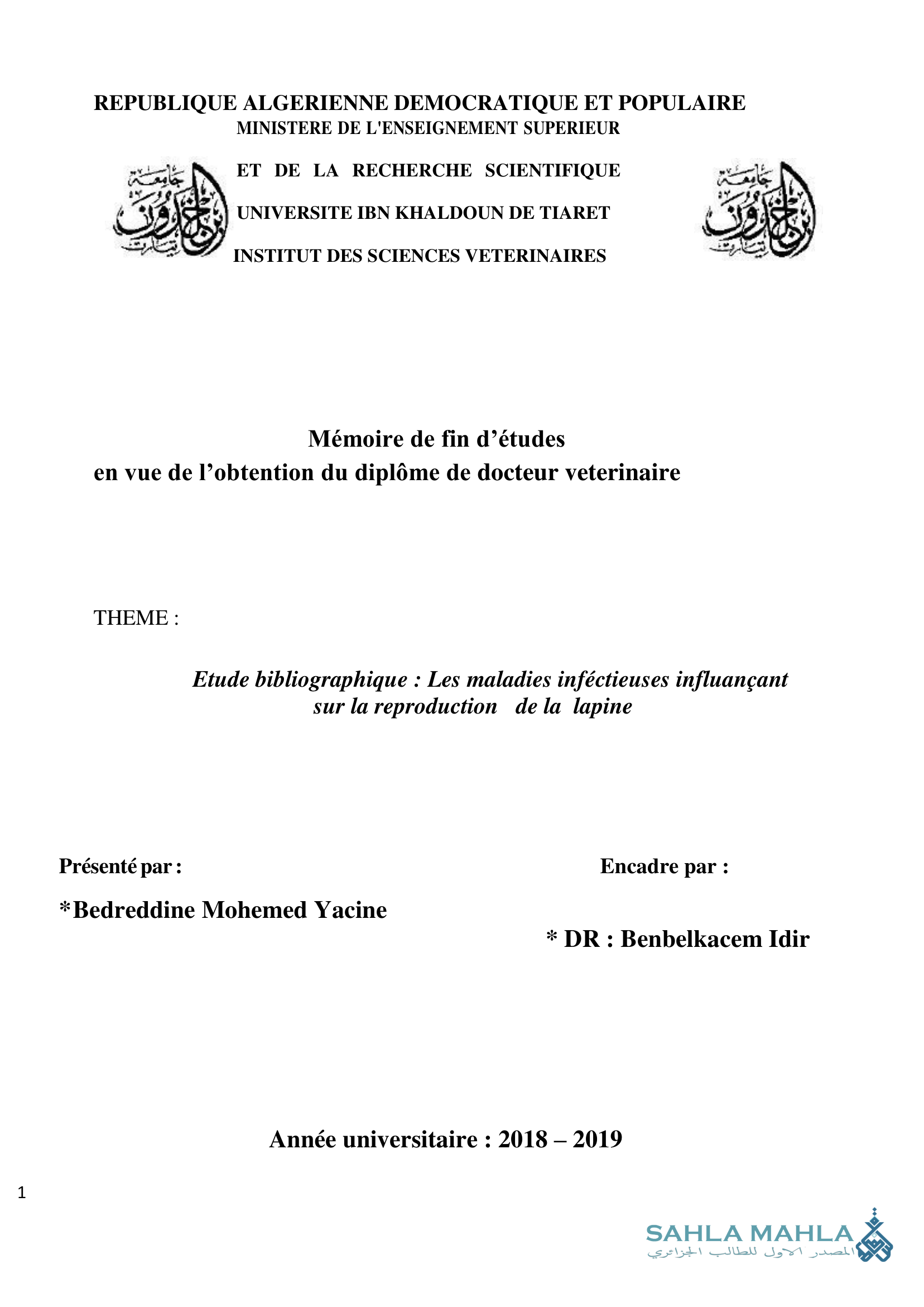Etude bibliographique : Les maladies infectieuses influançant sur la reproduction de la lapine