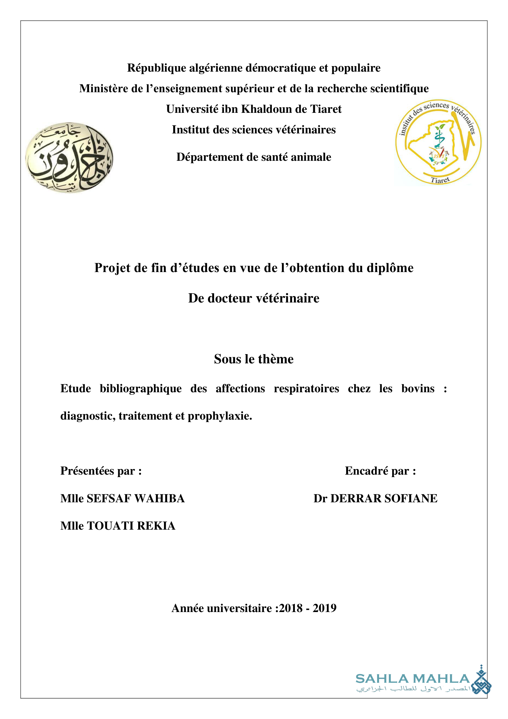 Etude bibliographique des affections respiratoires chez les bovins : diagnostic, traitement et prophylaxie.