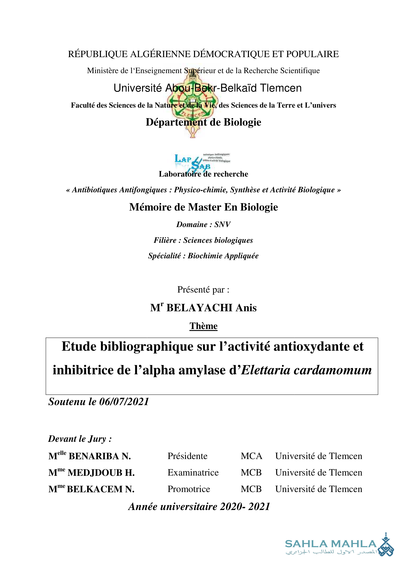 Etude bibliographique sur l'activité antioxydante et inhibitrice de l'alpha amylase d'Elettaria cardamomum
