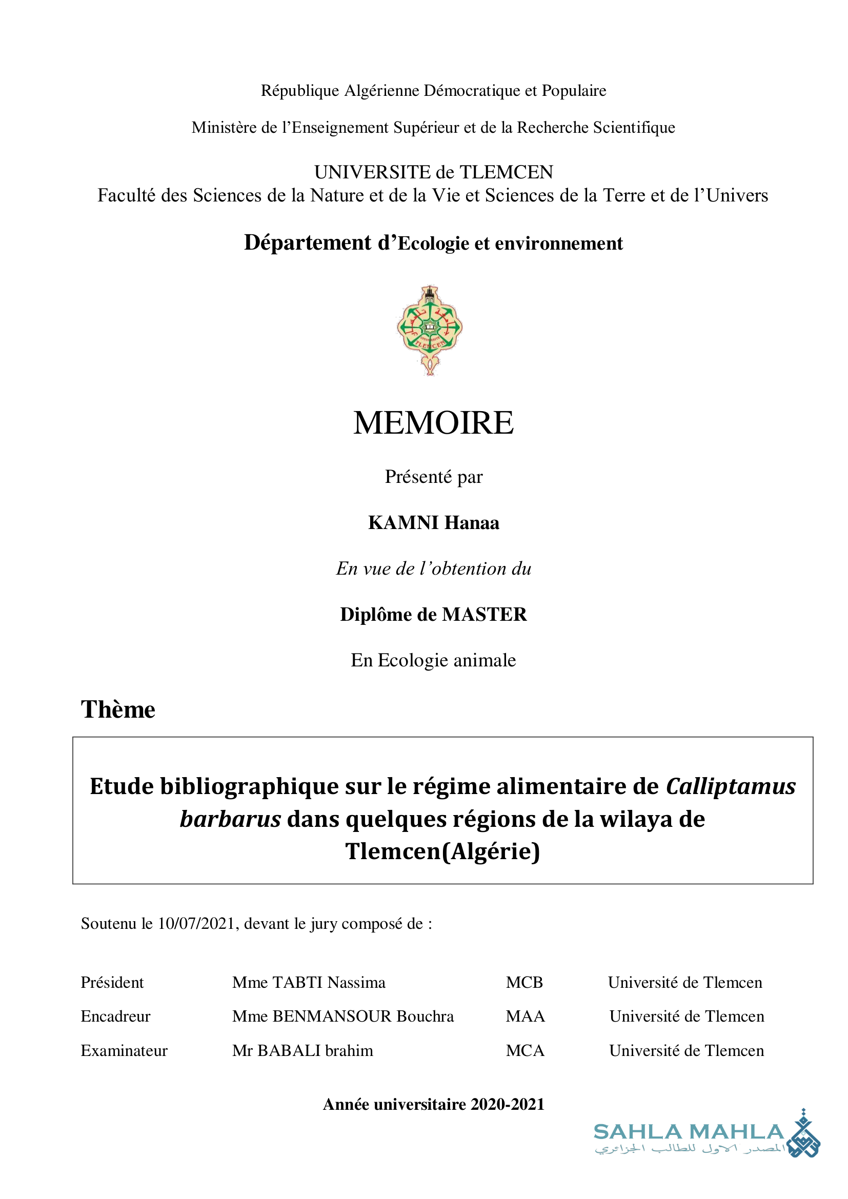 Etude bibliographique sur le régime alimentaire de Calliptamus barbarus dans quelques régions de la wilaya de Tlemcen (Algérie)