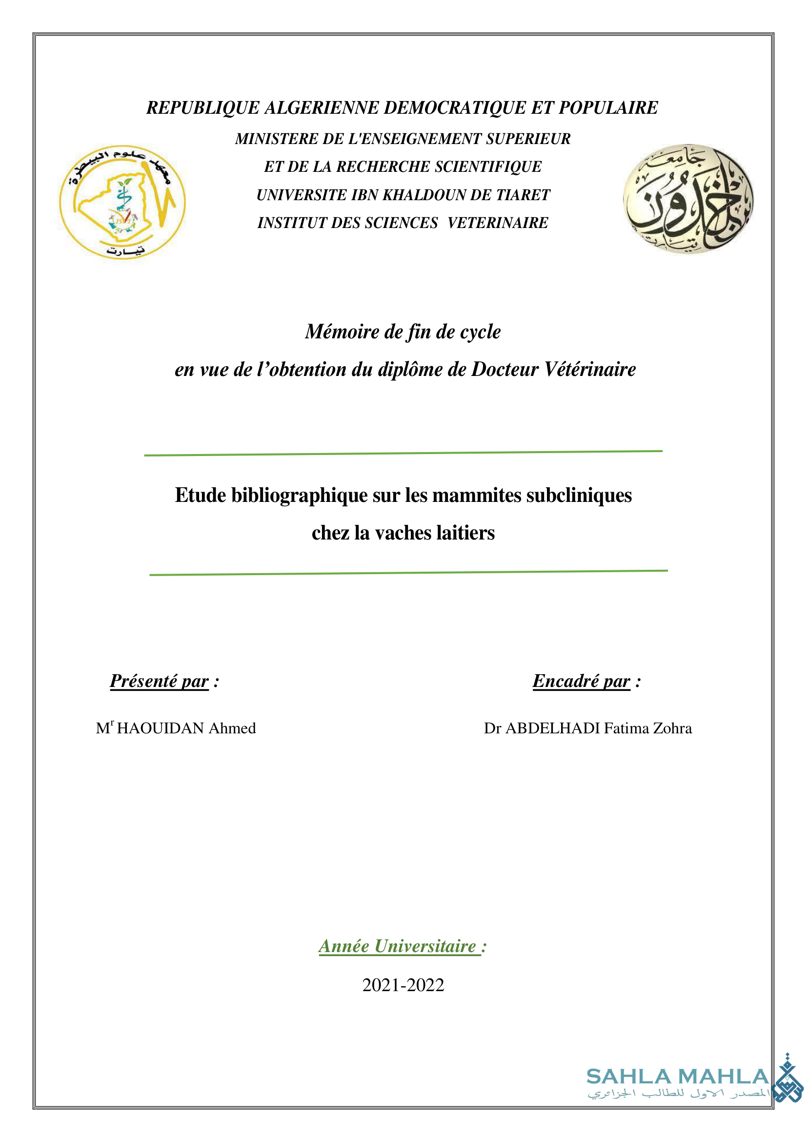 Etude bibliographique sur les mammites subcliniques chez la vaches laitiers