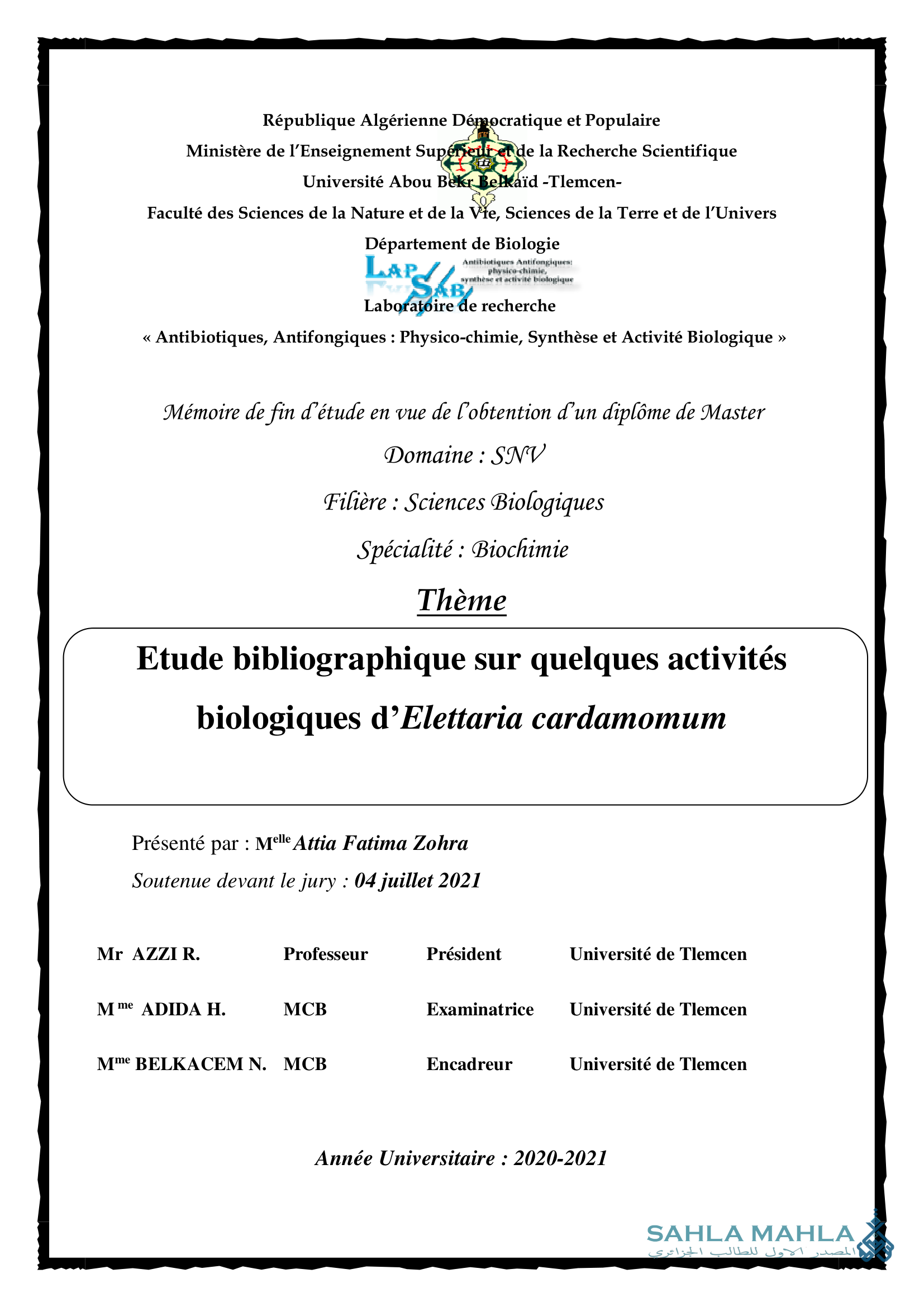 Etude bibliographique sur quelques activités biologiques d'Elettaria cardamomum