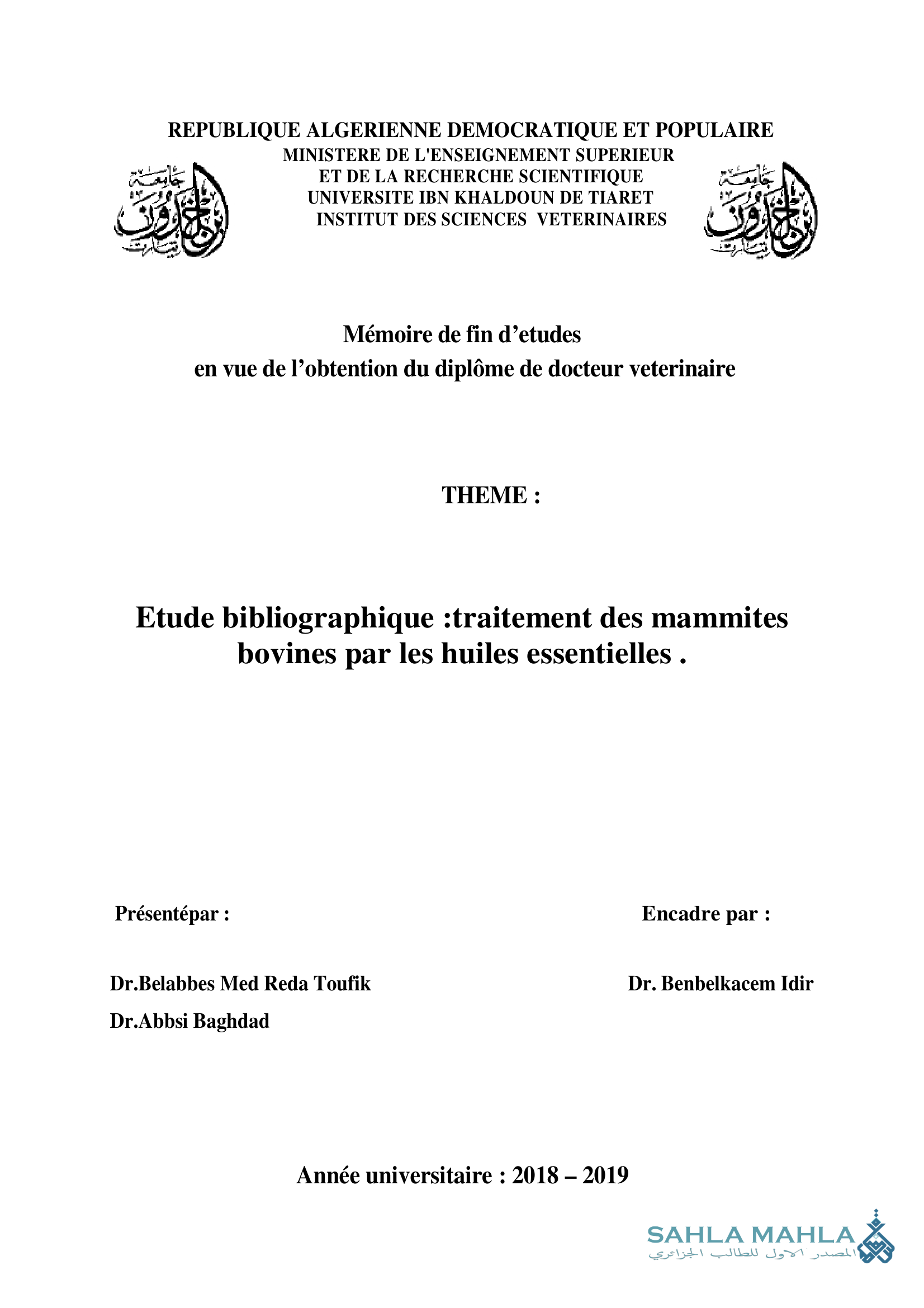 Etude bibliographique :traitement des mammites bovines par les huiles essentielles