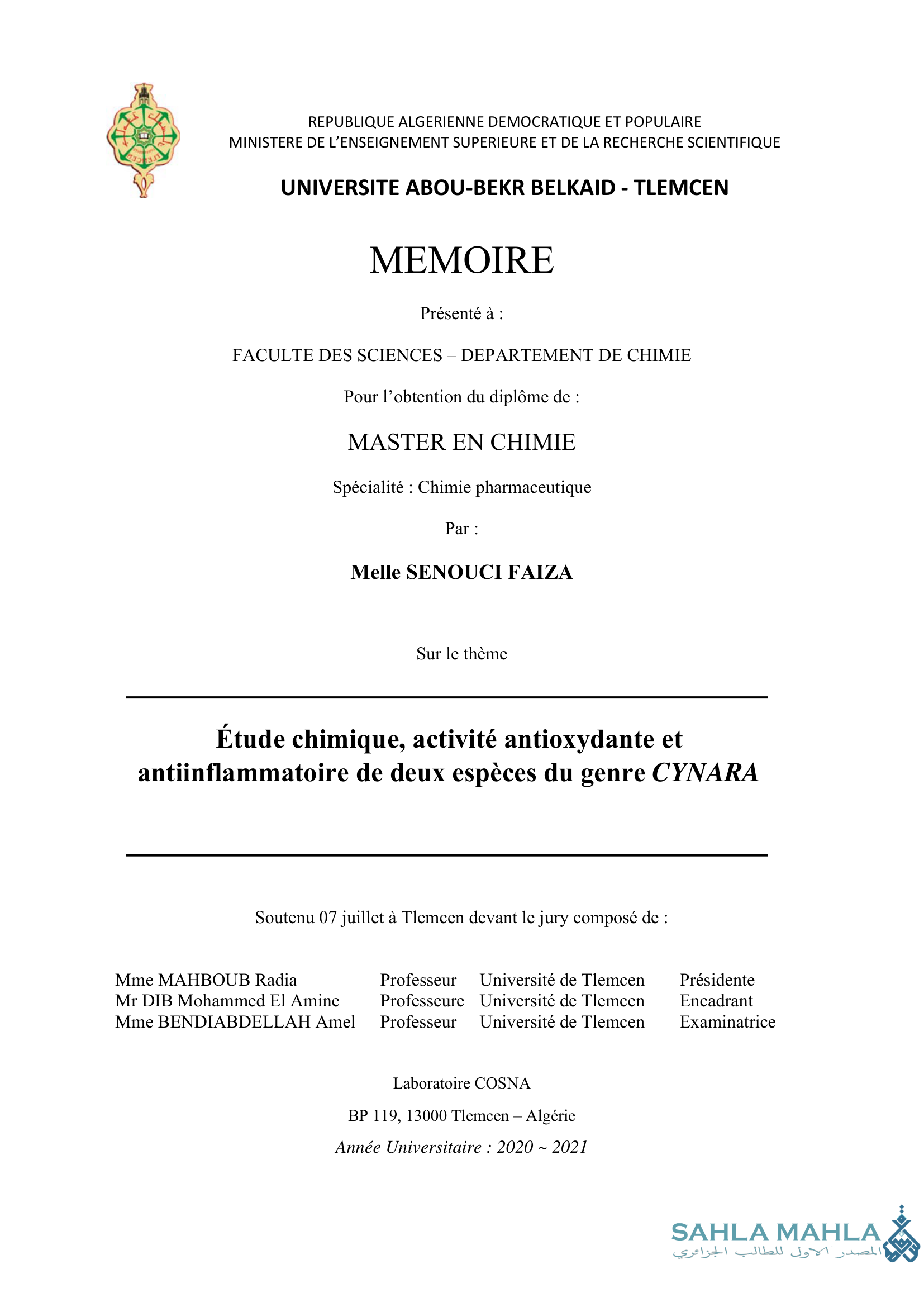 Étude chimique, activité antioxydante et antiinflammatoire de deux espèces du genre CYNARA