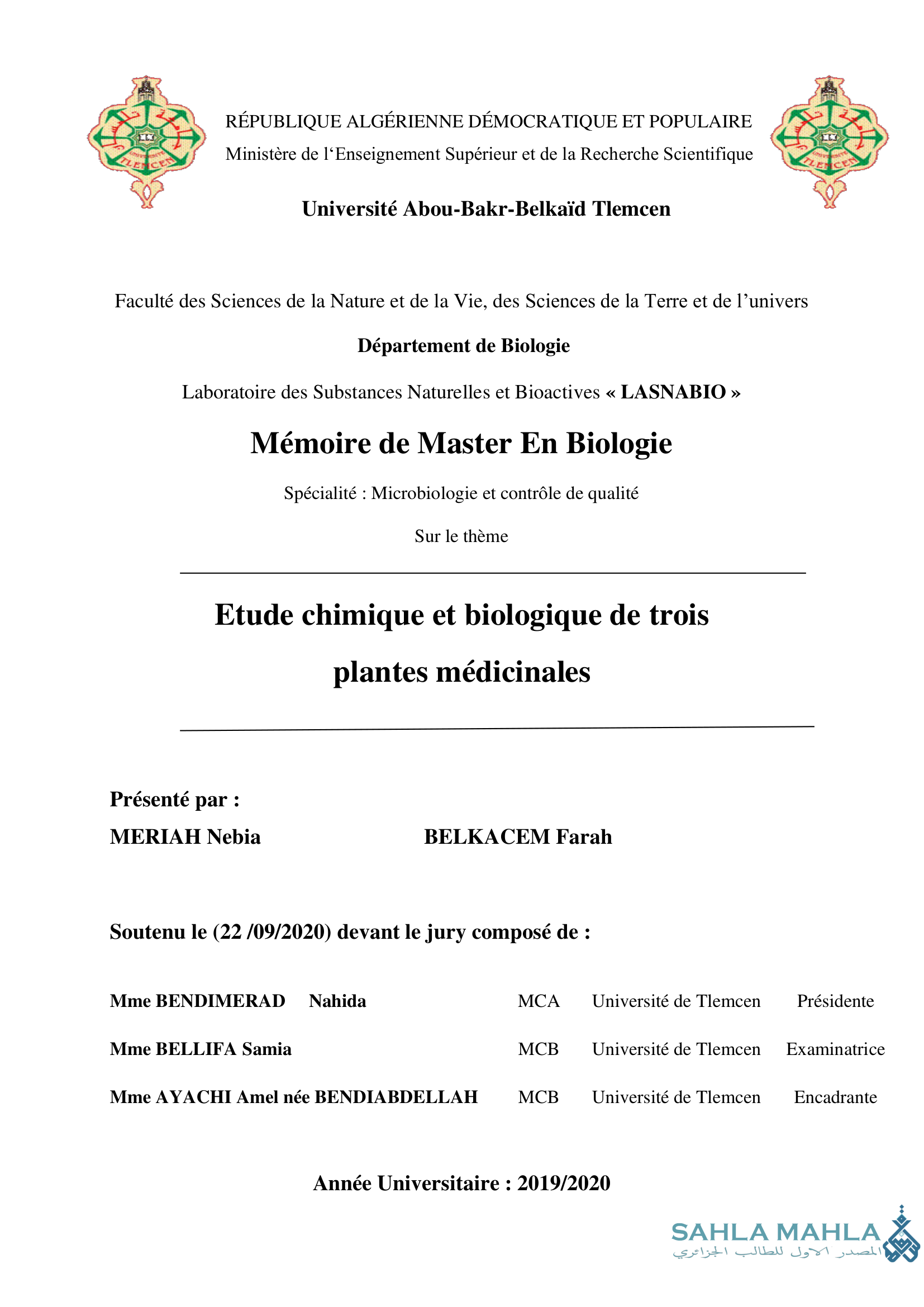 Etude chimique et biologique de trois plantes médicinales