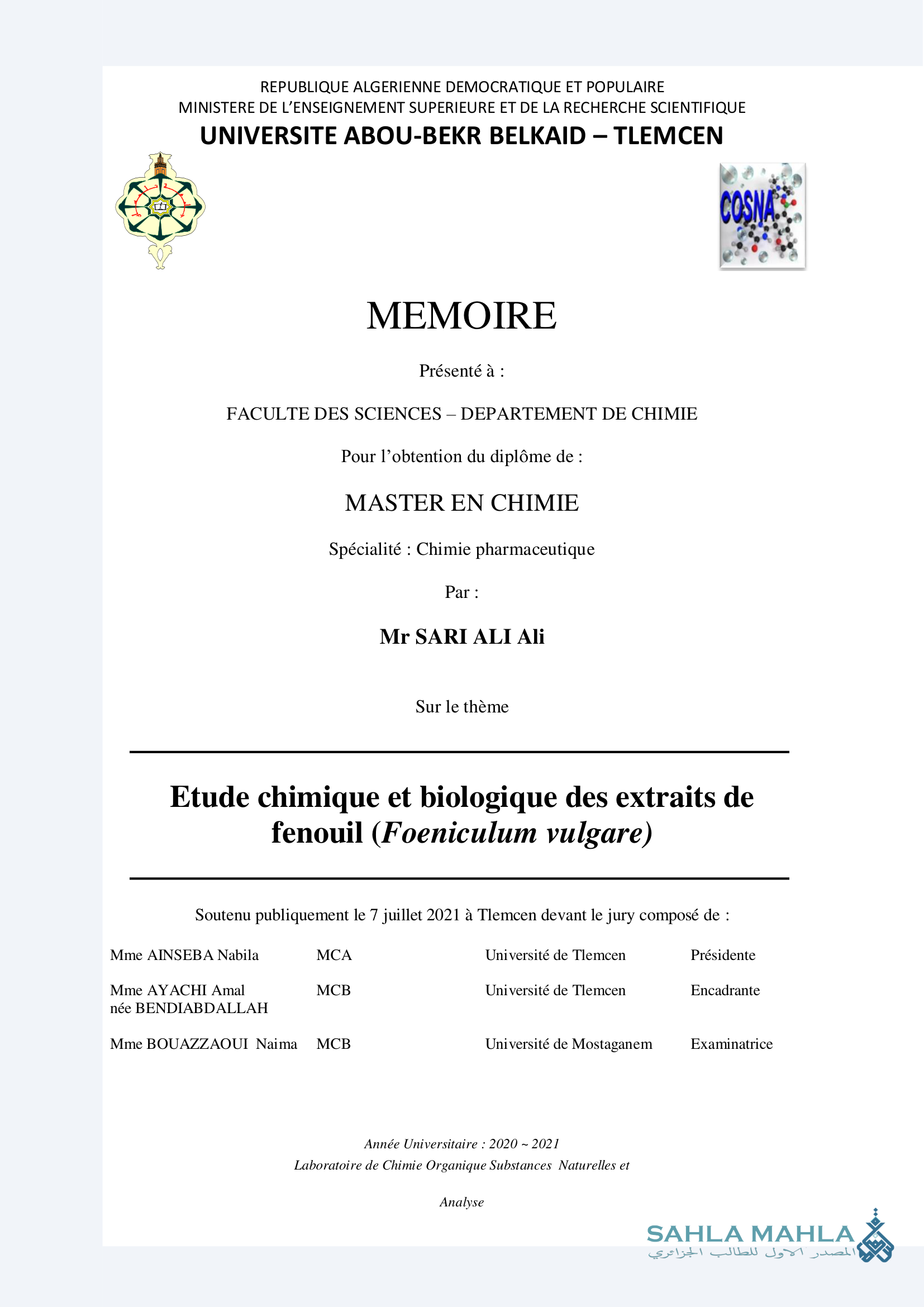 Etude chimique et biologique des extraits de fenouil (Foeniculum vulgare)