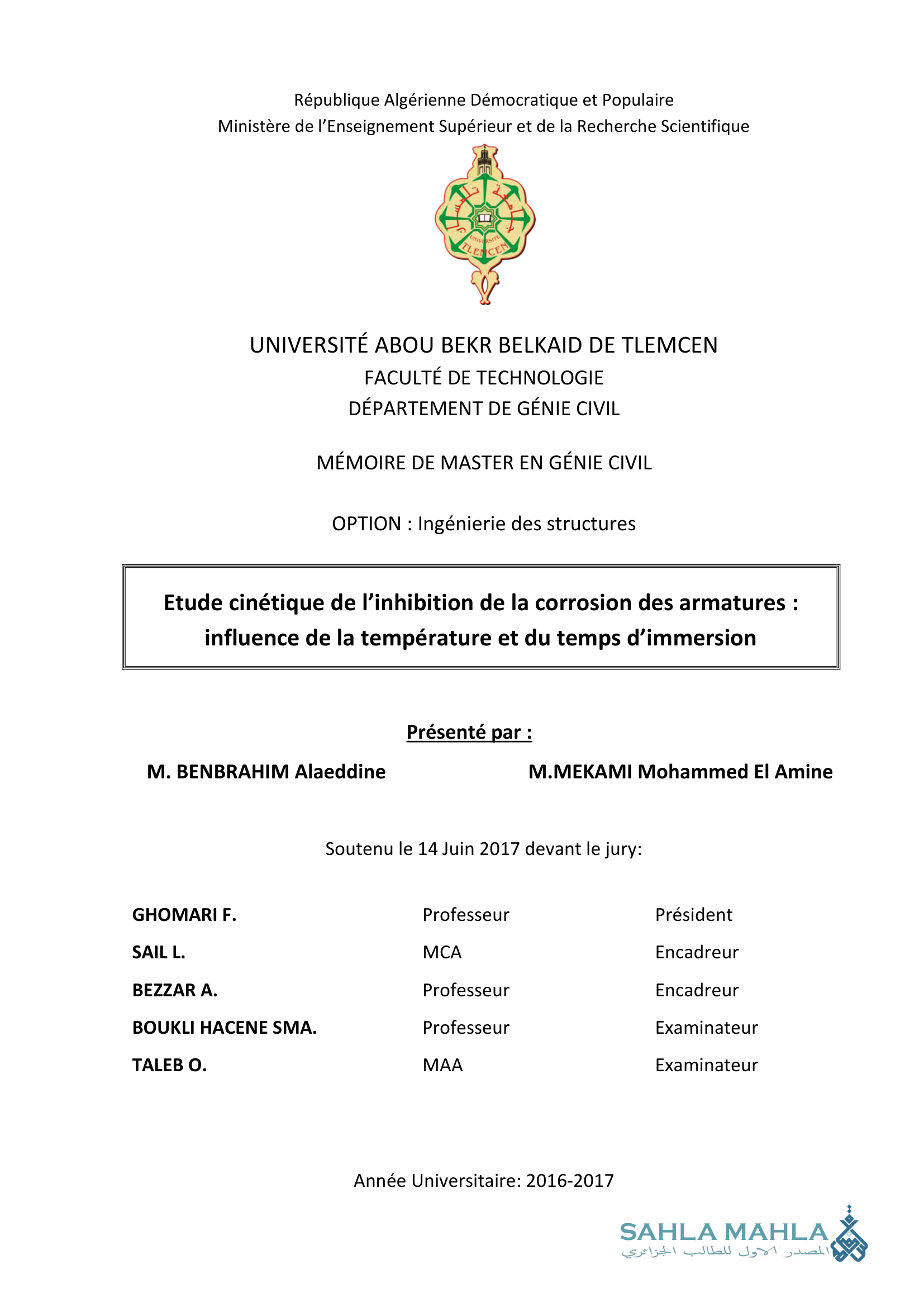 Etude cinétique de l'inhibition de la corrosion des armatures : influence de la température et du temps d'immersion