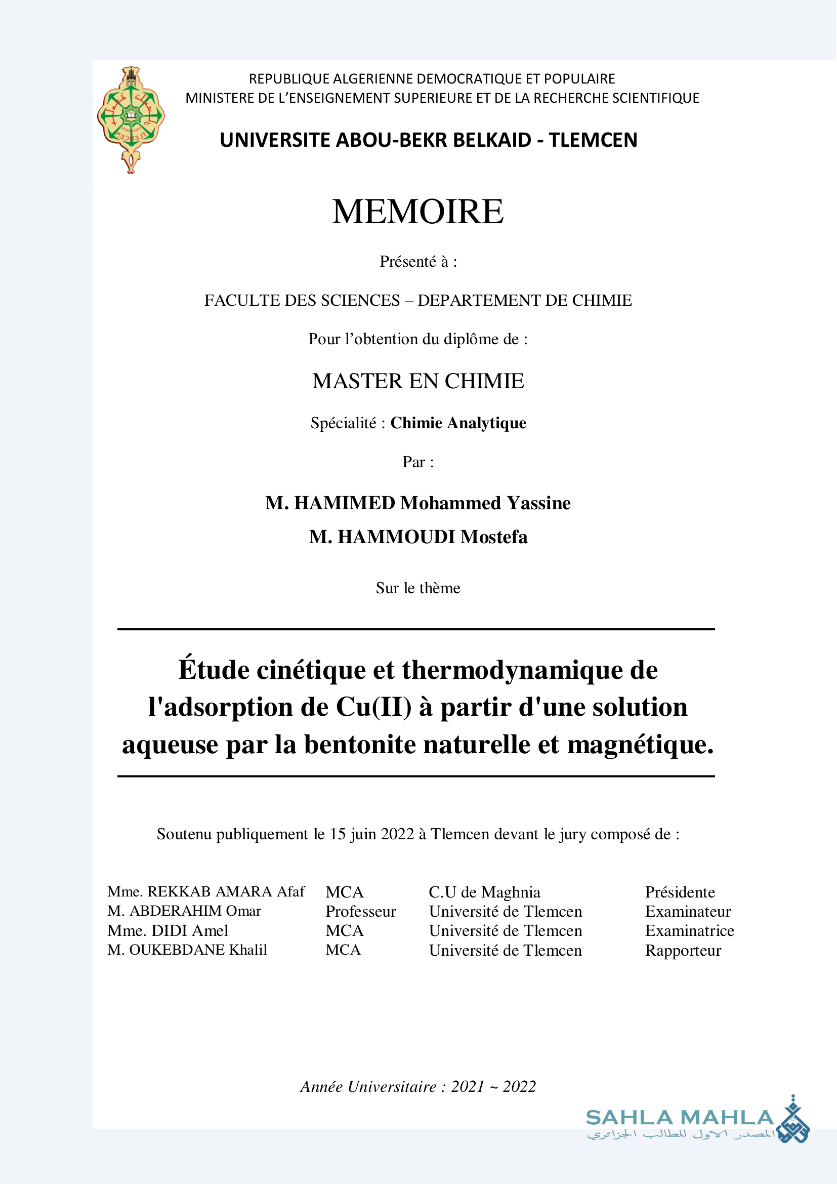 Étude cinétique et thermodynamique de l'adsorption de Cu(II) à partir d'une solution aqueuse par la bentonite naturelle et magnétique.