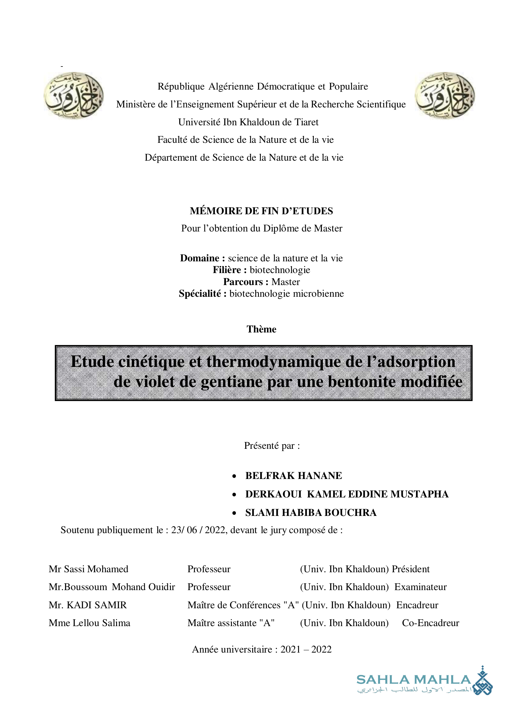 Etude cinétique et thermodynamique de l'adsorption de violet de gentiane par une bentonite modifiée