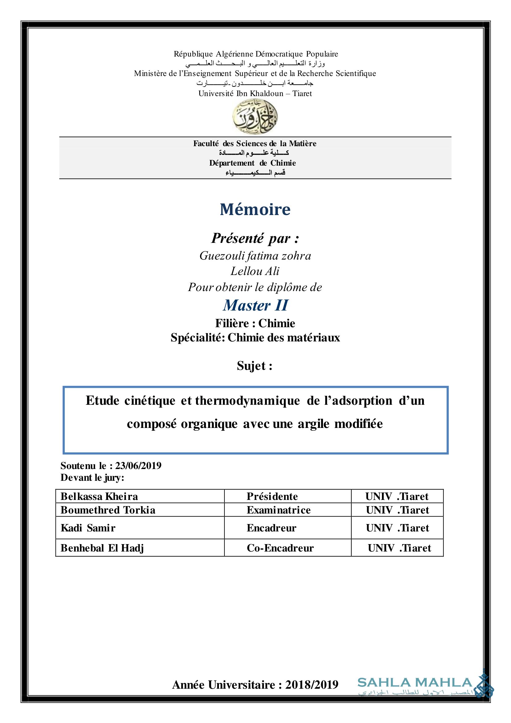 Etude cinétique et thermodynamique de l'adsorption d'un composé organique avec une argile modifiée