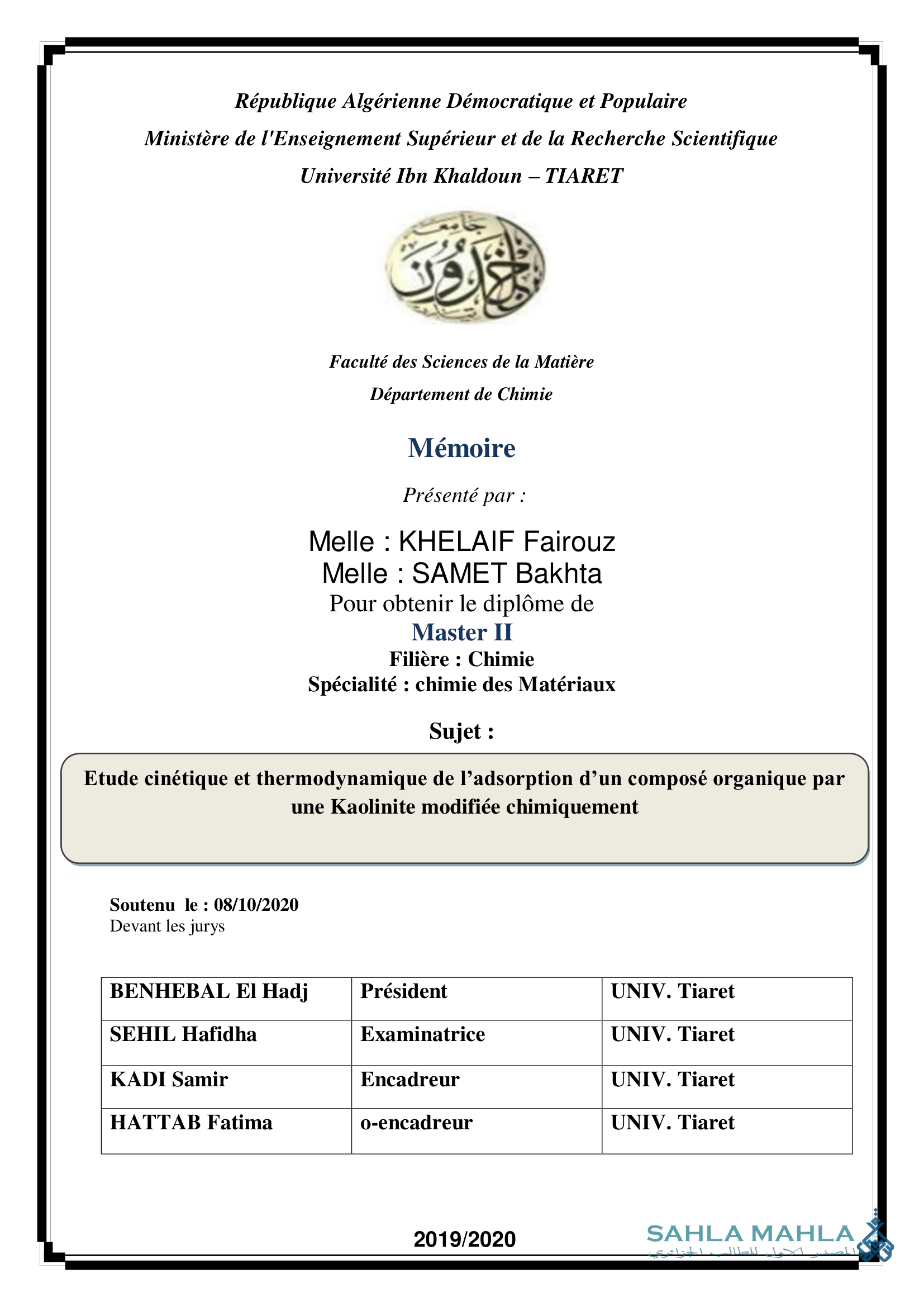 Etude cinétique et thermodynamique de l'adsorption d'un composé organique par une Kaolinite modifiée chimiquement