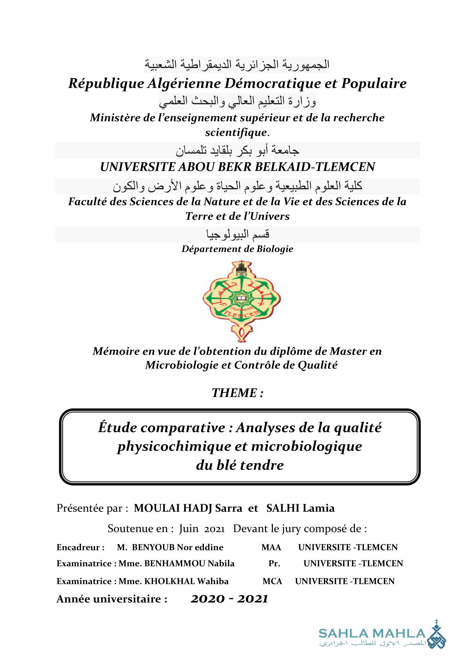 Étude comparative : Analyses de la qualité physicochimique et microbiologique du blé tendre