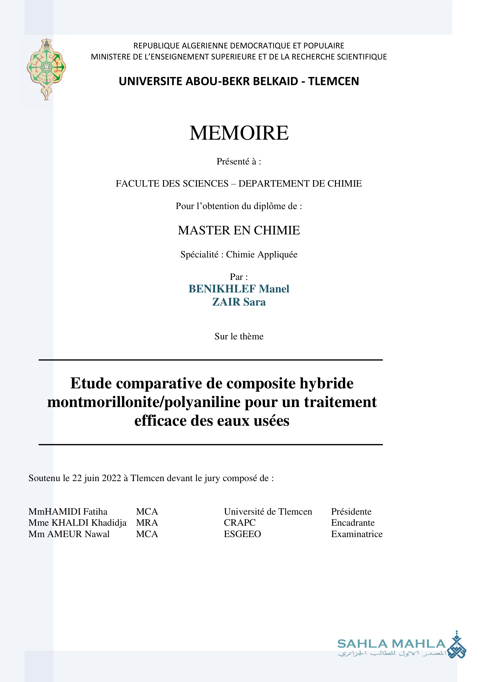 Etude comparative de composite hybride montmorillonite/polyaniline pour un traitement efficace des eaux usées
