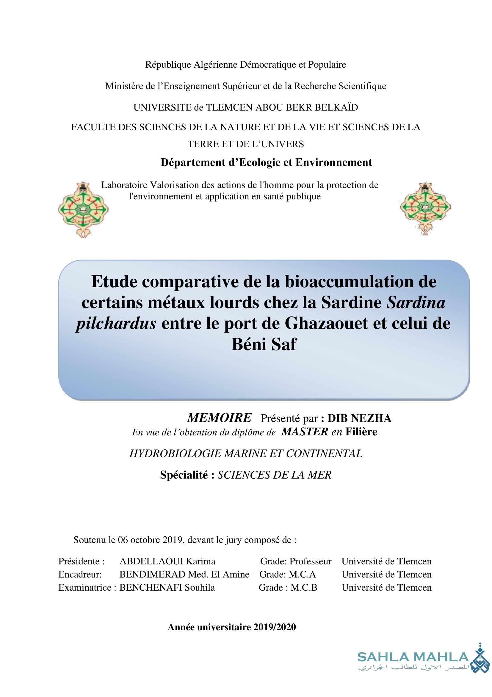 Etude comparative de la bioaccumulation de certains métaux lourds chez la Sardine Sardina pilchardus entre le port de Ghazaouet et celui de Béni Saf