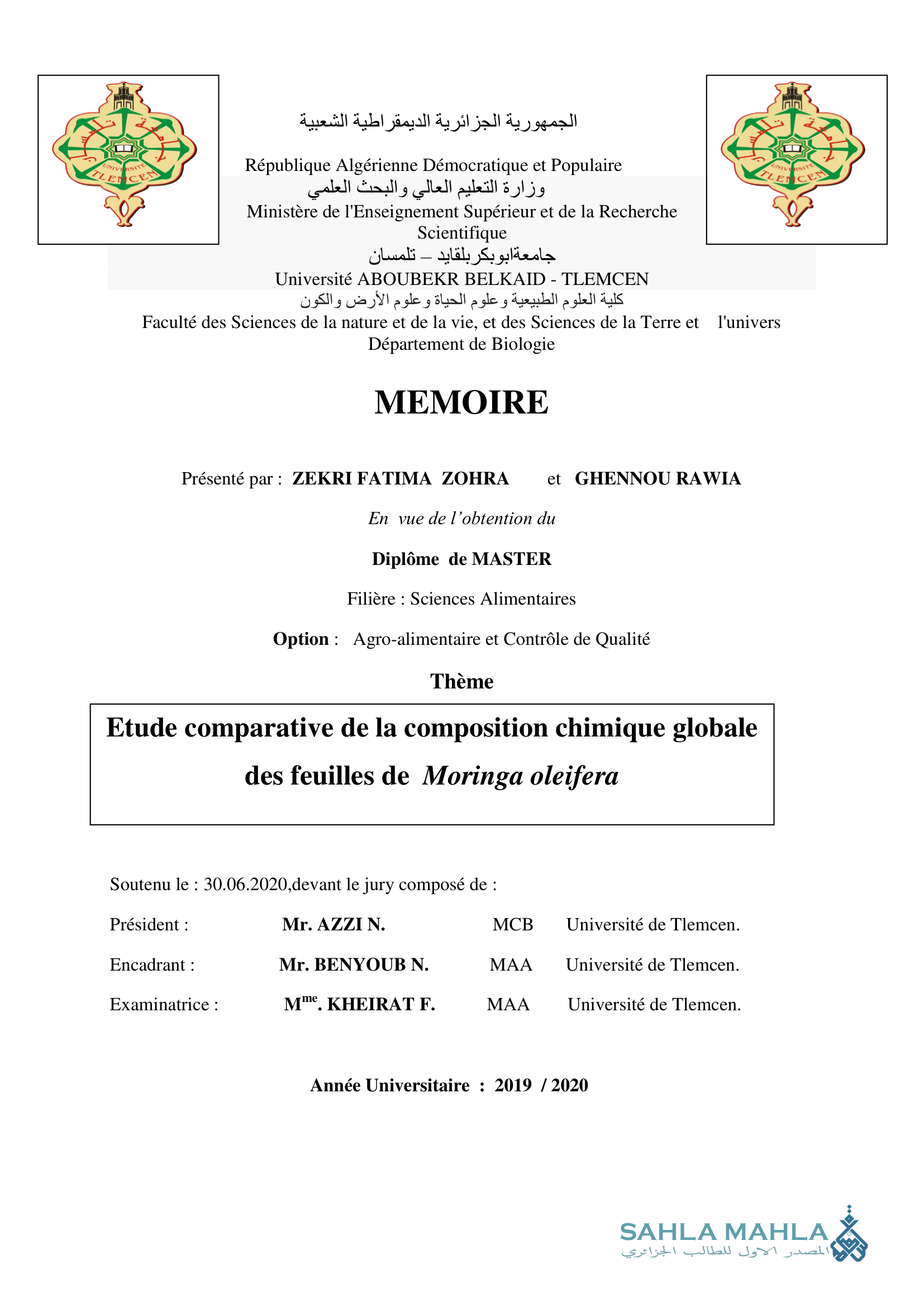Etude comparative de la composition chimique globale des feuilles de Moringa oleifera