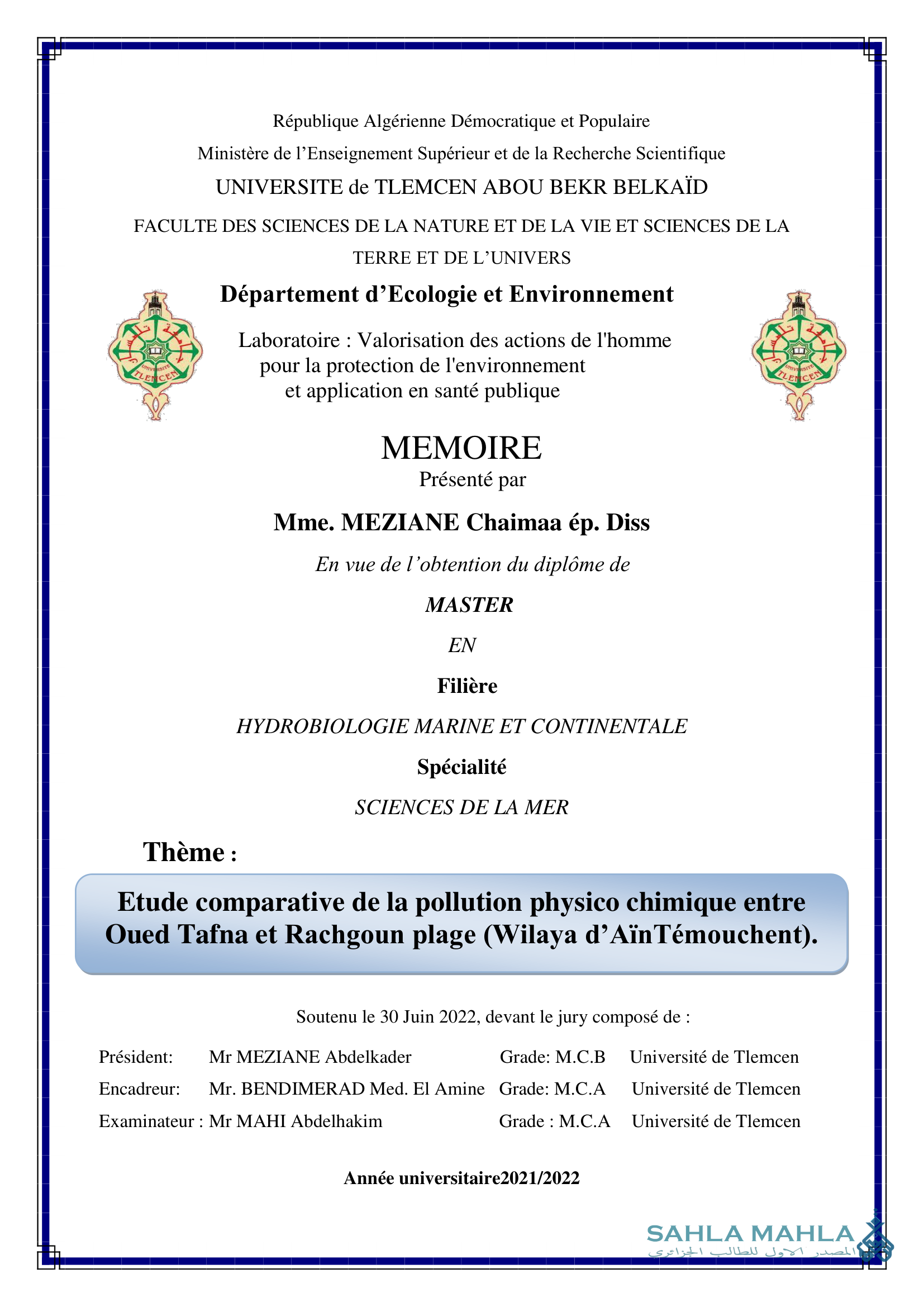 Etude comparative de la pollution physico chimique entre Oued Tafna et Rachgoun plage (Wilaya d'Aïn Témouchent)