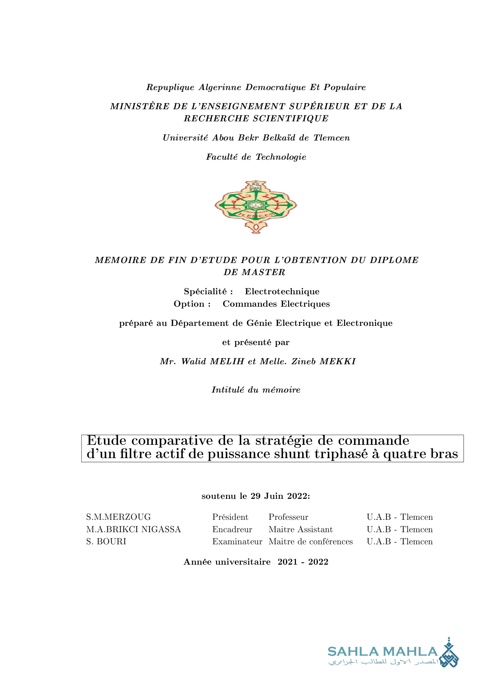 Etude comparative de la stratégie de commande d'un filtre actif de puissance shunt triphasé à quatre bras