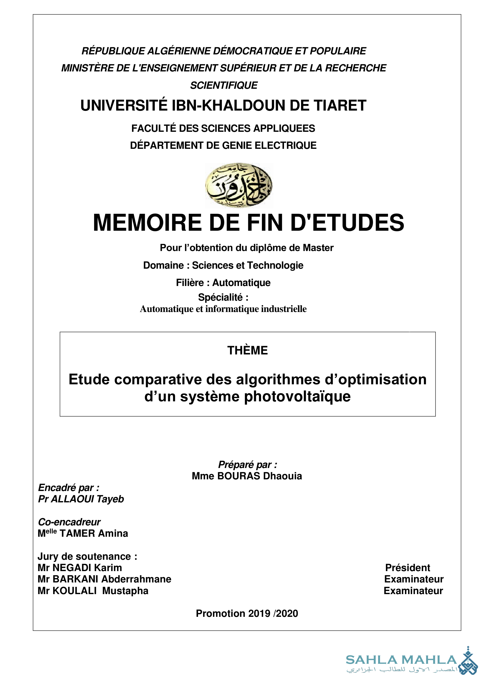 Etude comparative des algorithmes d'optimisation d'un système photovoltaïque
