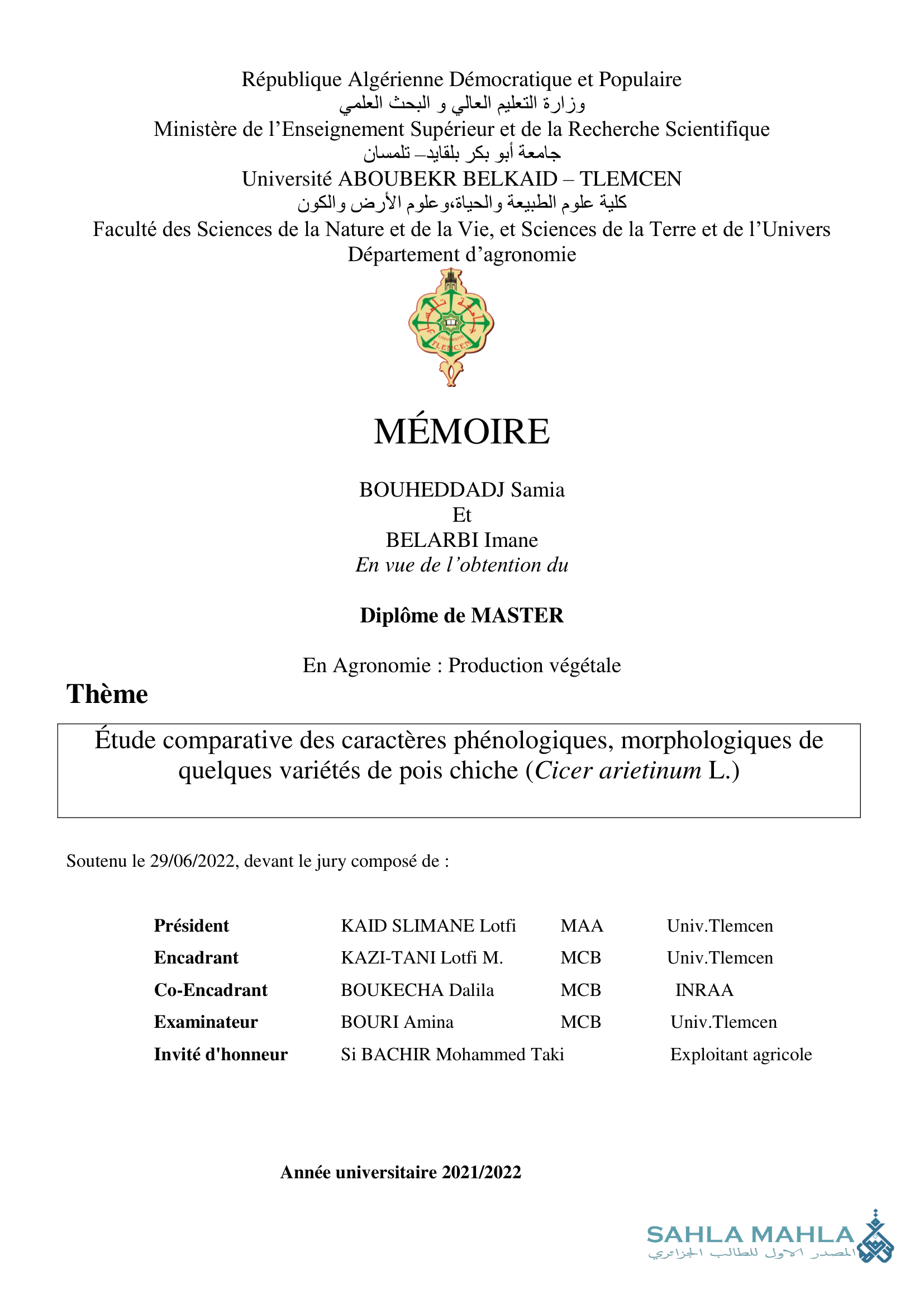 Étude comparative des caractères phénologiques, morphologiques de quelques variétés de pois chiche (Cicer arietinum L.)