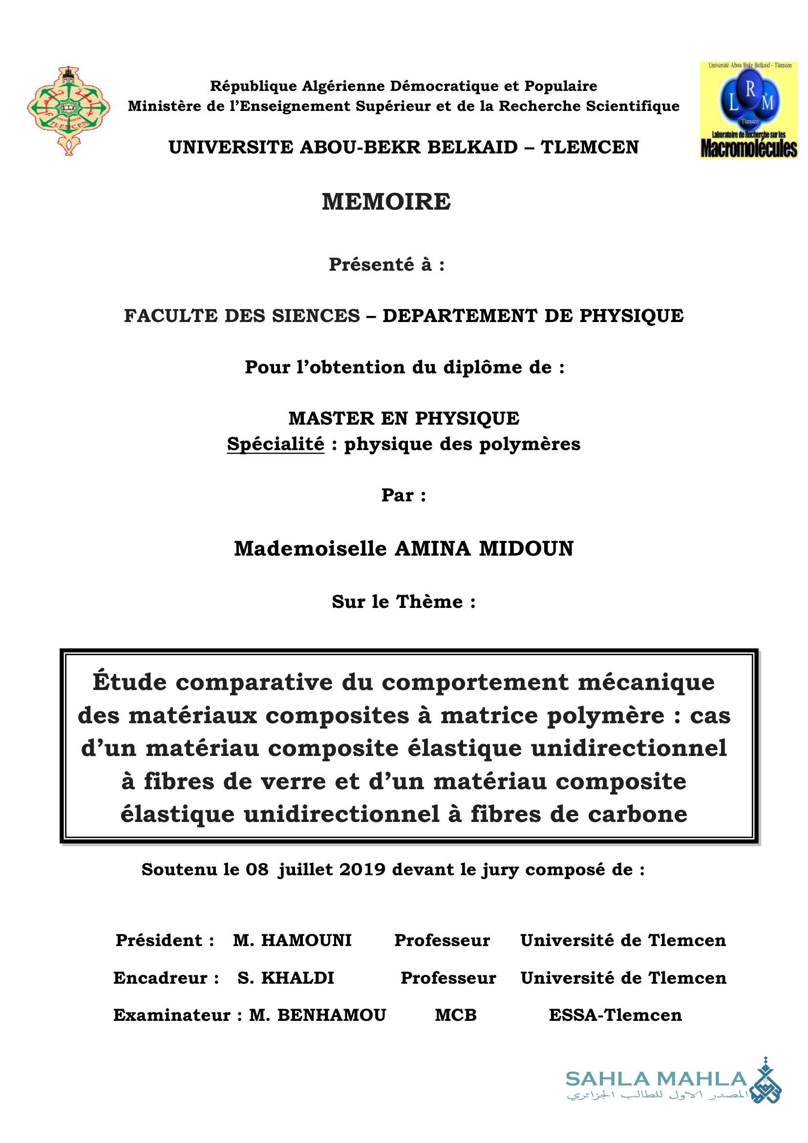 Étude comparative du comportement mécanique des matériaux composites à matrice polymère : cas d'un matériau composite élastique unidirectionnel à fibres de verre et d'un matériau composite élastique unidirectionnel à fibres de carbone